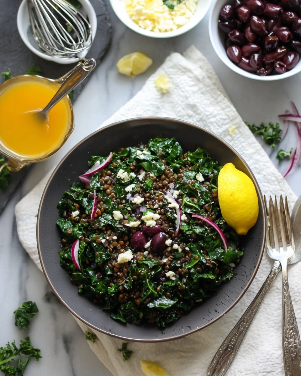 A bowl filled with a dark gray base holds a layered salad that includes dark green chopped leafy vegetables, small dark brown lentils, and small chopped purple onion pieces scattered across the top. There are also small white crumbles sprinkled among the mixture and a few dark purple olives mixed in. On the right side of the bowl’s rim, a bright yellow lemon wedge sits. The bowl is placed on a white marbled textured cloth, with a white small bowl of crumbled white cheese in the background and a silver utensil to the right. photo taken with an iphone --ar 4:5 --v 7
