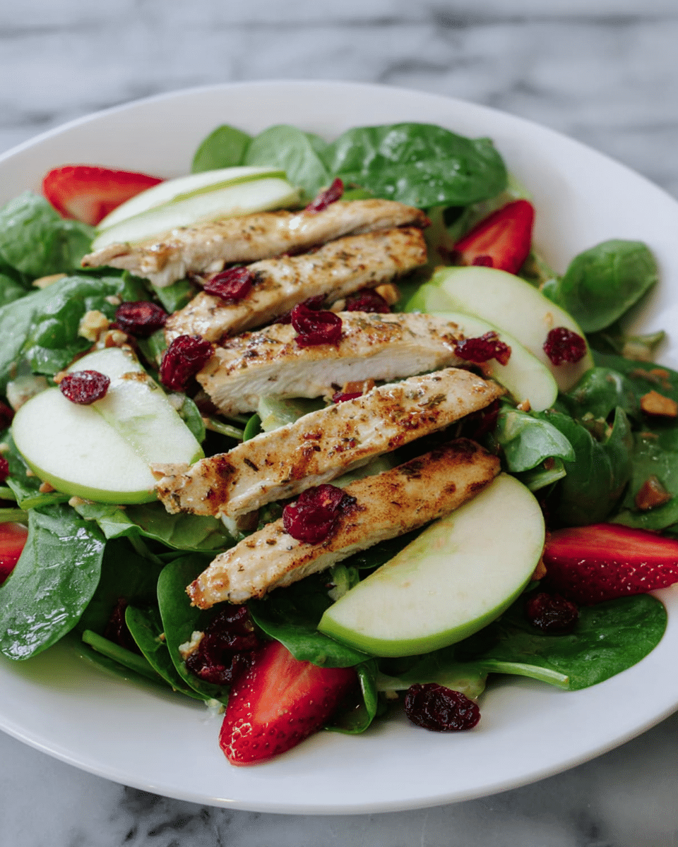 The image shows a white plate with a fresh salad made of several layers. The bottom layer is dark green spinach leaves with a smooth texture. On top of the spinach are thin strips of cooked chicken, light brown with grill marks. Slices of green apple with visible skin, slightly shiny and thin, are layered over the chicken. Scattered across the salad are bright red strawberry pieces, some whole and some sliced, adding a juicy texture. Small green pistachio nuts and dark red dried cranberries are sprinkled over everything, giving a crunchy and chewy contrast. The plate is set on a white marbled surface. Photo taken with an iphone --ar 4:5 --v 7