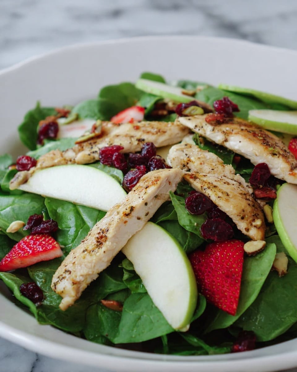 A white plate with a fresh salad is shown on a white marbled surface. The base layer consists of bright, dark green spinach leaves. On top of the spinach are several long, light golden-brown grilled chicken strips with seasoning visible. Thin, pale green slices of apple are placed over the chicken, each topped with small red dried cranberries and light brown pistachio nuts. Small, shiny, red strawberry slices are scattered between the other ingredients, adding a pop of color. The salad looks fresh and well arranged. photo taken with an iphone --ar 4:5 --v 7