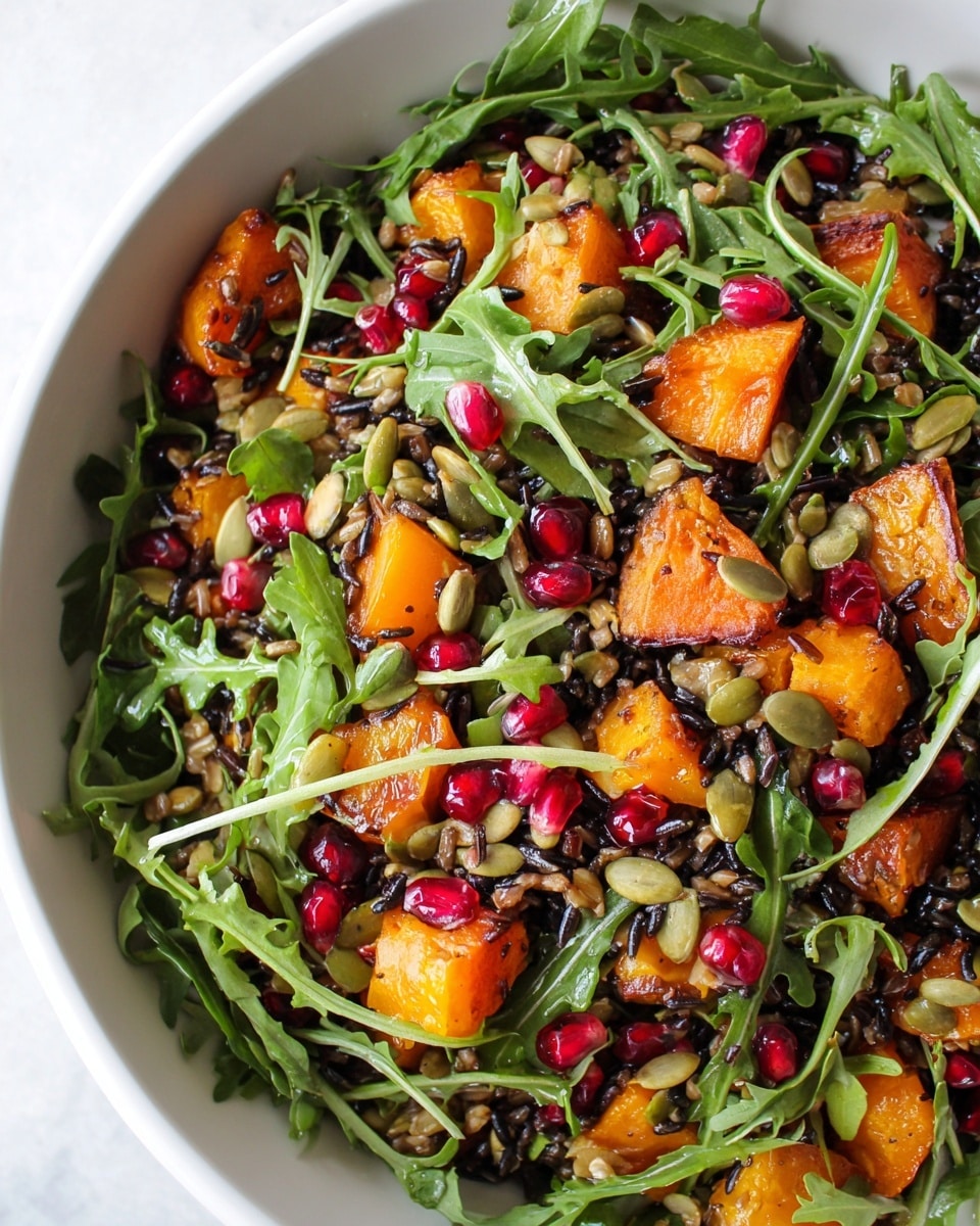 A white bowl filled with a colorful salad showing several layers: bright green arugula leaves form the base, scattered over are chunks of orange roasted butternut squash, black grains of wild rice, bright red pomegranate seeds, and light green pumpkin seeds, all mixed together creating a fresh and vibrant look. The textures vary from smooth and soft squash to crunchy seeds and leafy greens, with a slight shine of dressing coating the ingredients. photo taken with an iphone --ar 4:5 --v 7