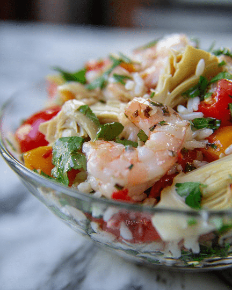The dish is a clear glass bowl filled with a colorful salad. The base layer is white orzo pasta with a smooth, soft texture scattered throughout. Mixed within the orzo are bright green leaves, likely spinach or basil, adding a fresh and leafy look. There are chunks of red tomato pieces that add a juicy and vibrant touch. Light yellow artichoke hearts are layered on top, adding a slightly rough and tender texture. Mixed throughout the salad are plump shrimp, pale pink in color, and they add a slightly shiny, moist appearance. The bowl sits on a white marbled surface with subtle grey veins, enhancing the fresh and clean presentation. Photo taken with an iphone --ar 4:5 --v 7