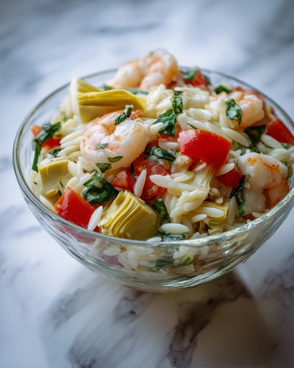 A close-up image of a clear glass bowl filled with a colorful salad featuring layers of light pink shrimp, pale yellow artichoke hearts, small orange and red tomato pieces, bright green leafy herbs, and white rice grains mixed throughout. The shrimp pieces have a tender, moist look with slight grill marks, while the artichoke hearts add a soft texture in the mix. The bowl sits on a white marbled surface, and the background is softly blurred. photo taken with an iphone --ar 4:5 --v 7
