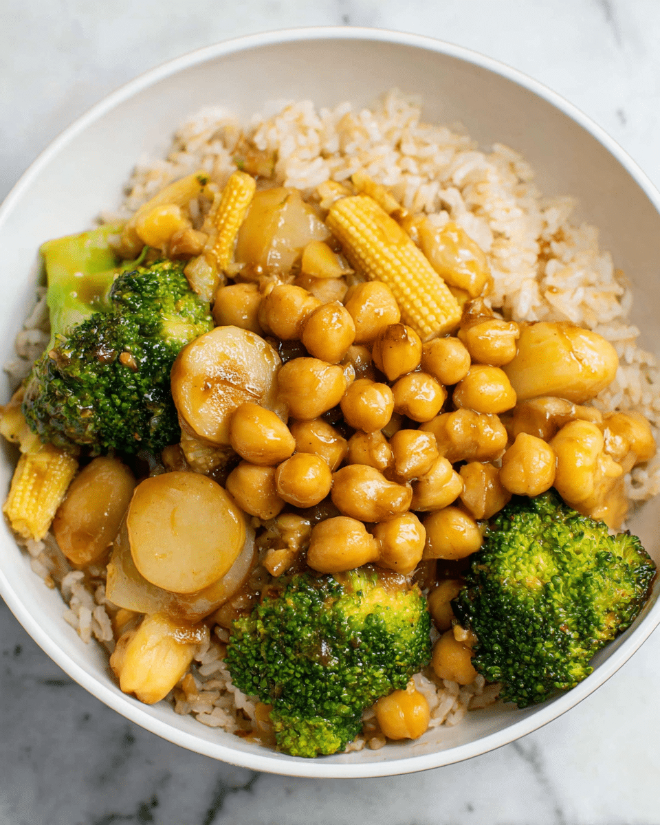 A white bowl filled with a base layer of fluffy light brown rice with a soft texture, topped with a thick layer of cooked chickpeas that are golden brown and round, small pieces of bright green broccoli with textured florets, whole baby corn with ridges and a pale yellow color, and thin round slices of golden-brown water chestnuts. The vegetables and chickpeas have a shiny glaze, showing a light sauce coating. The bowl rests on a white marbled texture surface. Photo taken with an iphone --ar 4:5 --v 7