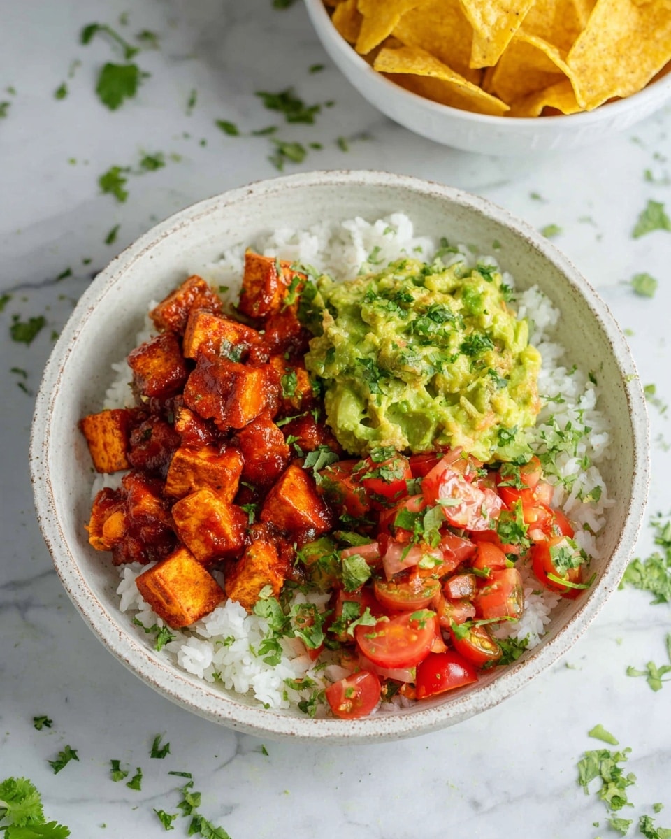 A white speckled bowl contains a base of fluffy white rice topped with three separate layers: on the left, bright reddish-orange cubed tofu pieces coated in a thick, textured sauce; on the top right, a chunky guacamole layer with vibrant green mashed avocado mixed with halved red cherry tomatoes and small green herb pieces; on the bottom right, fresh diced tomatoes mixed with finely chopped green herbs. Small green cilantro leaves are scattered on the rice and around the bowl, which sits on a white marbled surface. In the background, a white bowl filled with light yellow tortilla chips is partially visible with more cilantro leaves scattered nearby. Photo taken with an iphone --ar 4:5 --v 7