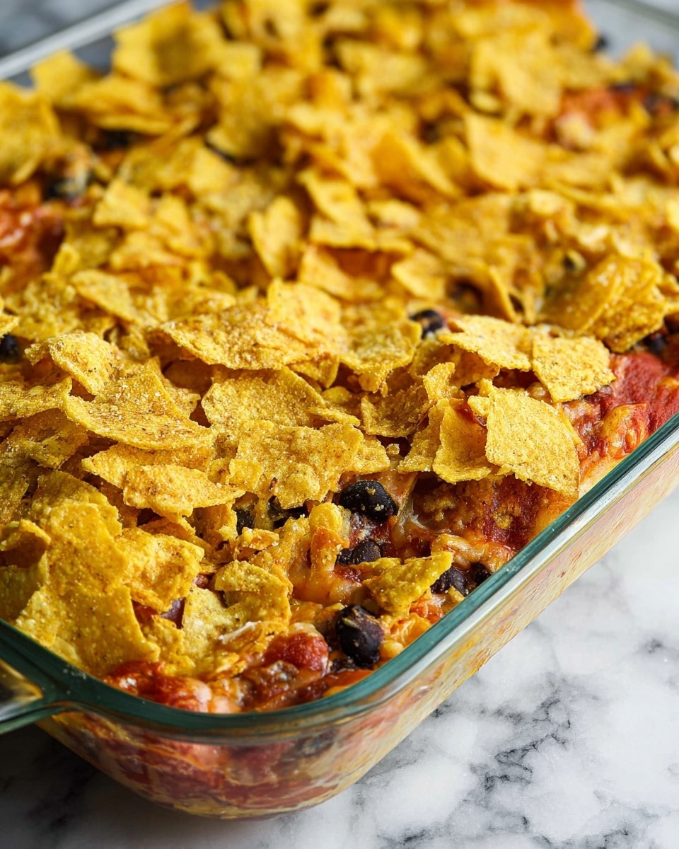 The image shows a close-up of a baked dish in a clear glass baking dish filled with multiple layers. The bottom layer appears to be soft and slightly browned, topped with scattered dark black beans. Above that, there's a reddish layer of tomato sauce spread unevenly, followed by a thick layer of broken crispy yellow corn chips that cover the whole dish on top. The chips are rough in texture and vary in size, with some pieces overlapping others, creating a crunchy-looking top. The background is a white marbled surface. Photo taken with an iphone --ar 4:5 --v 7