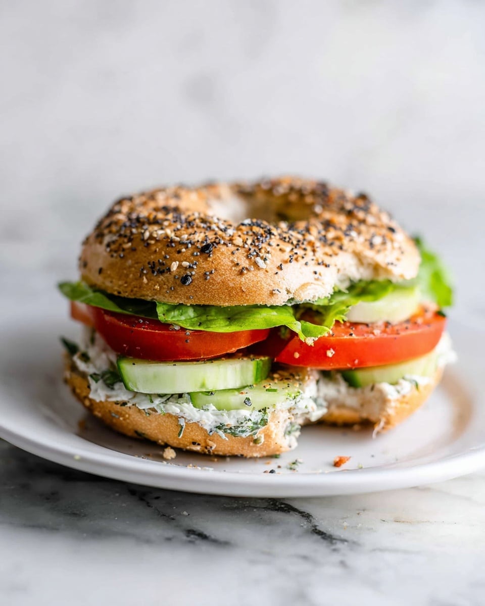 A sandwich with a sesame and poppy seed bagel, slightly bitten from the front, sits on a white plate. Inside the bagel are layers: fresh green lettuce at the top, thick slices of bright red tomato below it, and several thick pale green cucumber slices at the bottom. A creamy white spread with flecks of green herbs is spread on the inside of the bagel, visible around the edges, adding texture and color contrast. The background is a white marbled surface, with the bagel sandwich in clear focus. Photo taken with an iphone --ar 4:5 --v 7