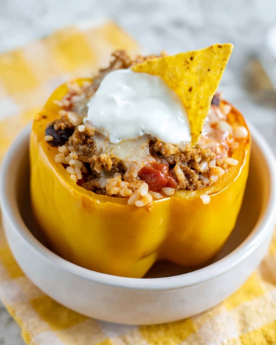 A bright yellow stuffed bell pepper sits in the middle of a white bowl, placed on a white marbled surface with a yellow and white checkered cloth underneath. The pepper is filled with a mix of cooked ground meat, rice, beans, and tomato pieces creating a textured mix of brown, white, and red colors. On top of the filling, there is a generous dollop of smooth white sour cream, slightly dripping down the sides. A single triangular yellow tortilla chip is inserted into the sour cream, leaning against the edge of the pepper. The photo is taken close-up, making the colors and textures vivid and clear. photo taken with an iphone --ar 4:5 --v 7