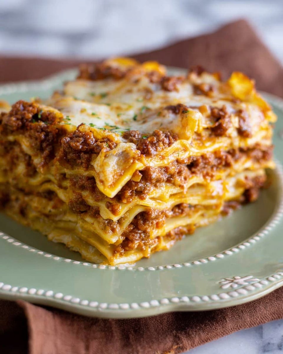 A close-up of a thick slice of lasagna showing five visible layers of pasta sheets in pale yellow and four layers of rich meat sauce with ground meat and melted cheese between them. The top layer is uneven, golden brown with some darker browned spots and melted cheese texture. The slice sits on a white plate with delicate patterned edges, placed on a white marbled surface with a soft brown cloth underneath. Photo taken with an iphone --ar 4:5 --v 7
