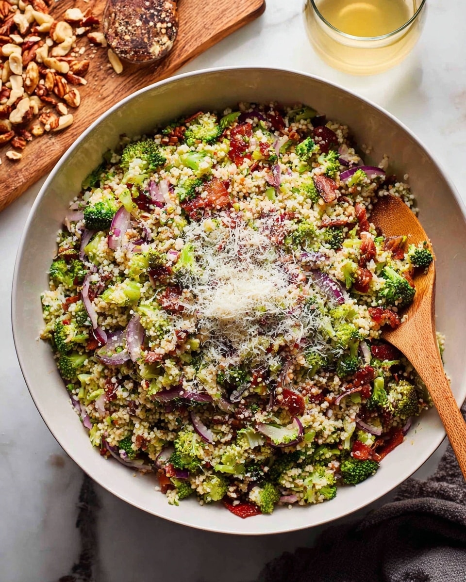 A large white bowl filled with a mixed salad showing many small layers: chopped bright green broccoli pieces scattered throughout, small light beige pearl couscous grains forming the base texture, bits of dark red bacon or chorizo mixed in, thin slices of purple-red onion visible around the edges, and a generous mound of finely grated white cheese sprinkled in the center. On the left side of the bowl, a wooden spoon rests partially submerged in the salad. In the background, a wooden cutting board with chopped nuts is visible on a white marbled surface, and a clear glass of light yellow liquid is placed near the bowl. Photo taken with an iphone --ar 4:5 --v 7