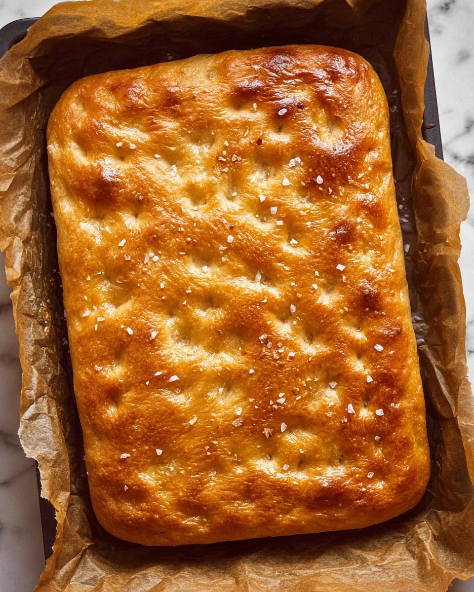 A rectangular, golden-brown focaccia bread sits on crinkled parchment paper inside a baking tray. The top layer of the bread is slightly shiny with a crispy texture, dotted with small dimples and sprinkled with coarse sea salt flakes. The bread has an even, light brown color with some darker toasted spots, showing a soft and airy inside beneath the crust. The background is a white marbled texture. photo taken with an iphone --ar 4:5 --v 7