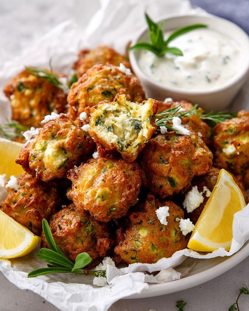 A white plate lined with white parchment paper holds a pile of about twelve golden-brown fritters with visible green herbs and small chunks of cheese inside. The fritters have a crispy, rough texture on the outside and are garnished with small white cheese crumbles and fresh green herb sprigs scattered on and around them. Around the fritters are three lemon wedges, with one wedge slightly close to the middle right side of the plate. Toward the back right, there is a white round bowl filled with a creamy white dipping sauce, and one fritter is delicately placed on its edge. The whole setting is placed on a white marbled surface. photo taken with an iphone --ar 4:5 --v 7