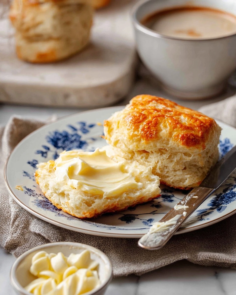 The image shows a white plate with blue floral patterns holding a split biscuit. The top layer of the biscuit is golden brown and crispy, while the bottom layer is soft and fluffy, spread with creamy melted butter that shines slightly. Next to the biscuit is a silver knife with some butter on the blade. The plate is set on a beige textured cloth, with a small white bowl filled with butter curls nearby. Part of a coffee cup with frothy coffee and a biscuit in the background are visible on a white marbled surface. Photo taken with an iphone --ar 4:5 --v 7