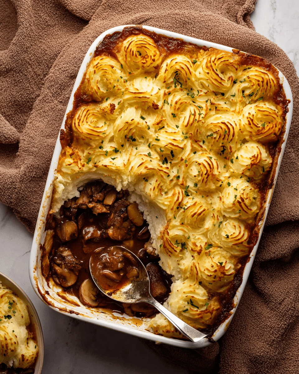 A white rectangular baking dish filled with a layered shepherd’s pie, topped with evenly spaced swirls of golden browned mashed potatoes sprinkled with green herbs. The top layer has a slightly crisp texture with some browned edges. One corner is scooped out, revealing a rich, dark brown stew base with chunks of meat and sliced mushrooms in thick sauce. A large silver spoon rests inside the dish, partially covered with the stew. The dish sits on a soft, brown textured cloth, with a white bowl partially visible on the left holding a serving of the pie. The background is a white marbled texture. photo taken with an iphone --ar 4:5 --v 7