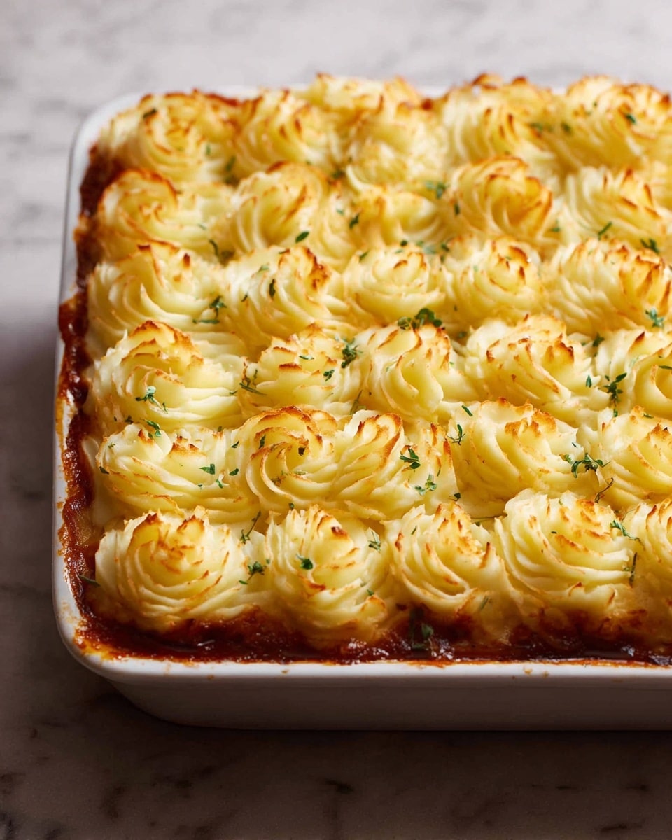 The image shows a baking dish filled with a layered dish topped with golden brown mashed potato swirls. Each swirl is carefully piped, creating a pattern that covers the entire surface. The mashed potatoes have a slightly crispy texture on the peaks with hints of green herbs sprinkled on top. The edges of the dish reveal a thick, rich sauce beneath the potato layer, showing a reddish-brown color. The dish is placed on a white marbled texture surface. photo taken with an iphone --ar 4:5 --v 7