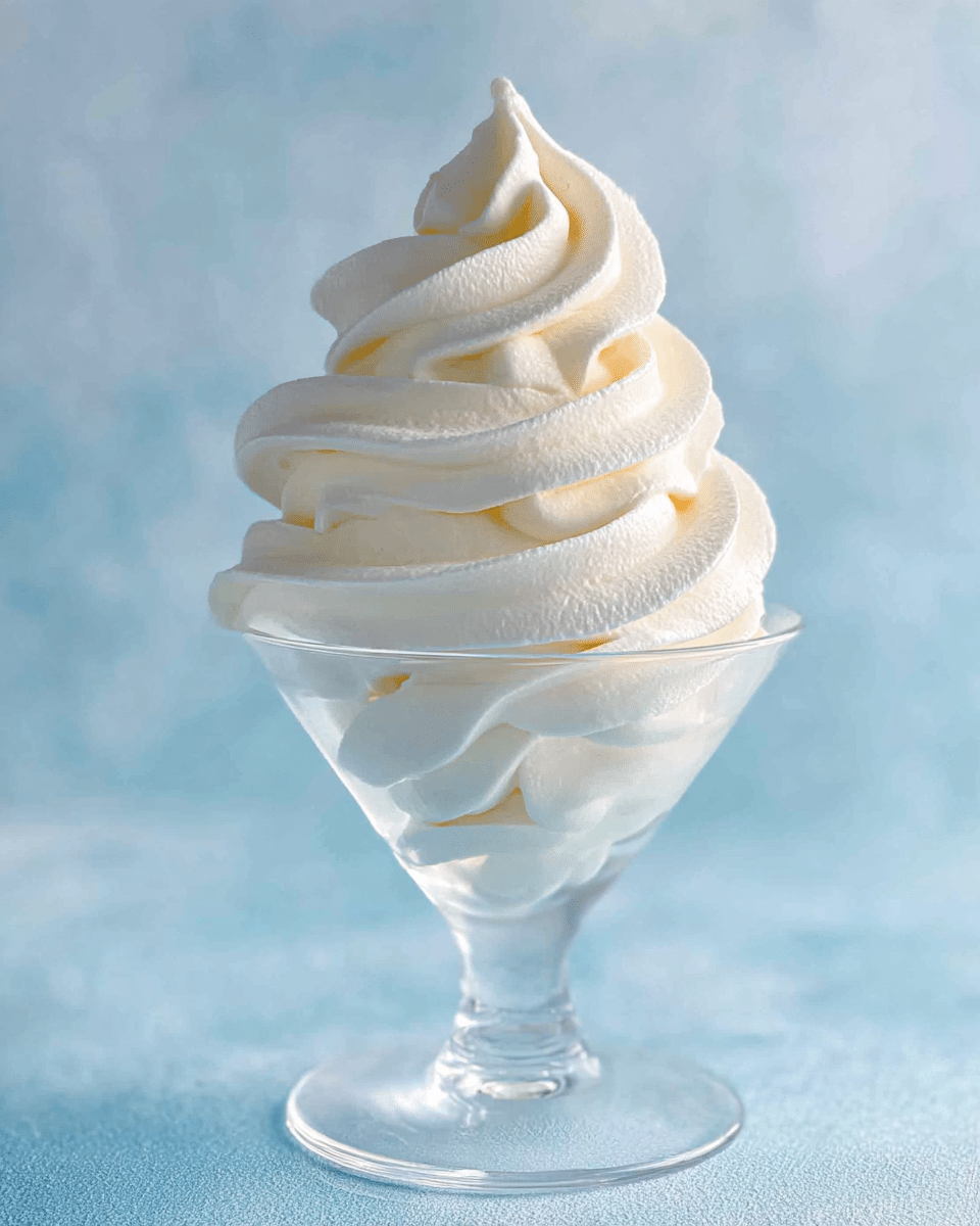 A clear glass dessert cup filled with a tall swirl of creamy white whipped cream that has a smooth, soft texture with gentle curves and peaks, standing about four layers high, each layer flowing smoothly into the next in a spiral shape. The background is a soft, blurry light blue, creating a cool and clean feel. The dessert is the main focus and looks fresh and light. photo taken with an iphone --ar 4:5 --v 7
