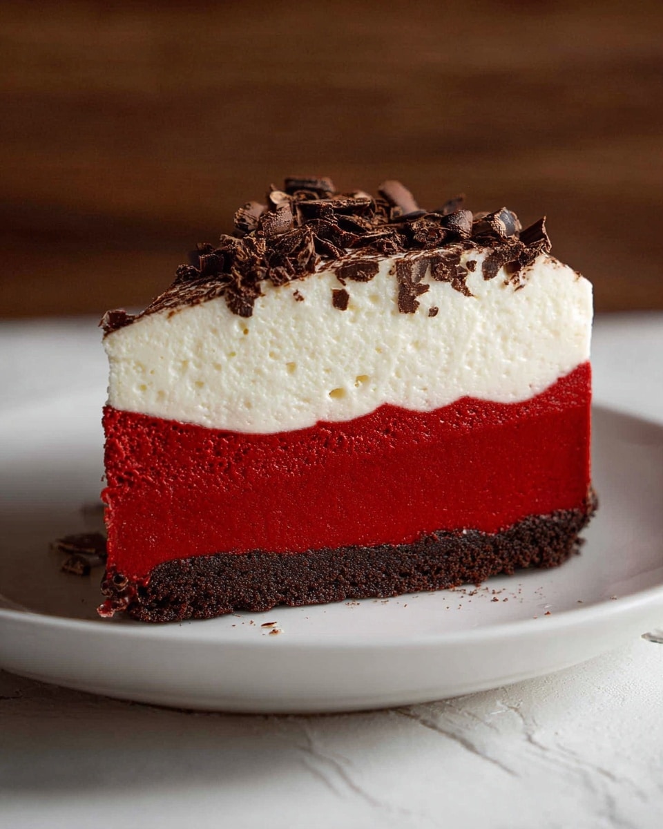 A slice of cake with three visible layers sits on a white plate placed on a white marbled surface. The bottom layer is thin, dark brown, and crumbly like a cookie crust. The middle layer is thick, smooth, and bright red, resembling a mousse or cheesecake. The top layer is a thick, fluffy, white cream with small air holes, topped with dark brown chocolate shavings scattered over it. Photo taken with an iphone --ar 4:5 --v 7