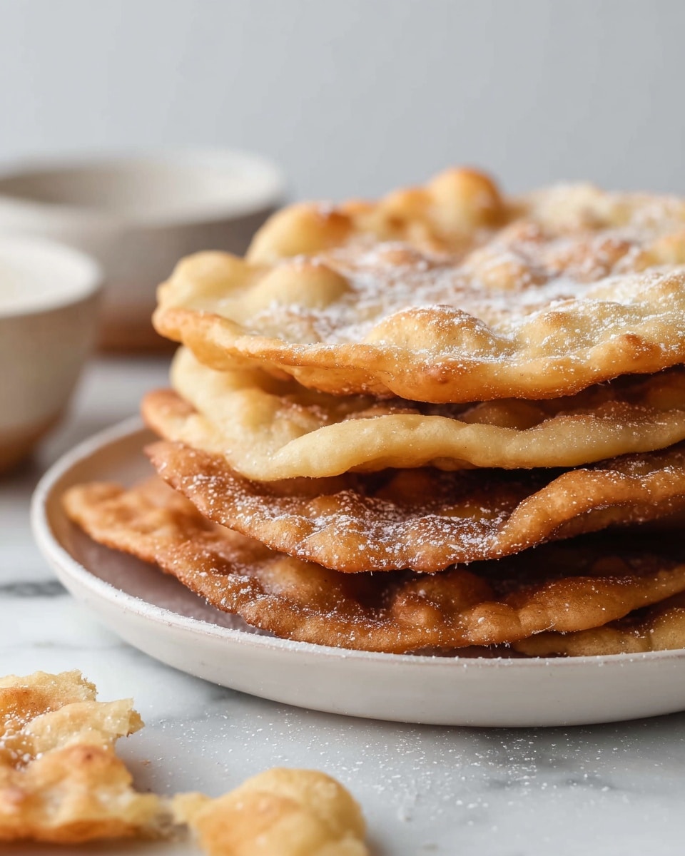 A stack of five crispy, golden-brown fried flatbreads with uneven, bubbled surfaces are piled on a white plate, resting on a white marbled texture. The flatbreads have a mix of light and deeper golden colors, showing a crunchy texture with some powdered sugar sprinkled lightly on top. Small pieces of the flatbread are placed beside the plate, adding to the rustic look. In the background, blurred small white bowls can be seen, enhancing the simple and clean setting. Photo taken with an iphone --ar 4:5 --v 7