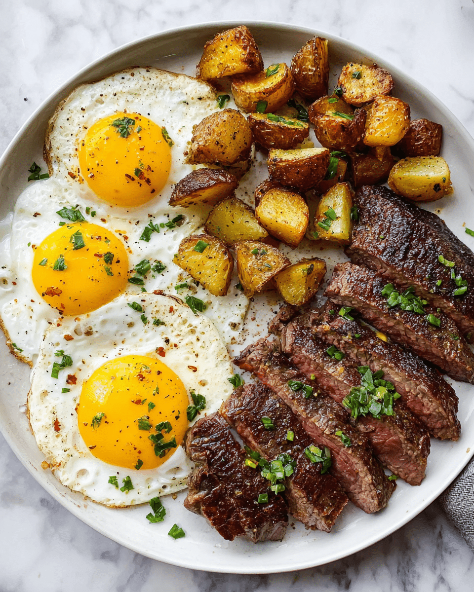 A white plate holds a meal with three sunny-side-up eggs on the left, each with bright yellow yolks and cooked white edges sprinkled with black pepper and small green herbs. To the top center, there are roasted potato chunks in golden brown and light tan colors, seasoned with dried herbs. On the right side of the plate is a sliced steak, cooked medium rare with a browned crust and pink inside, garnished with chopped green herbs. The plate is placed on a white marbled surface. Photo taken with an iphone --ar 4:5 --v 7