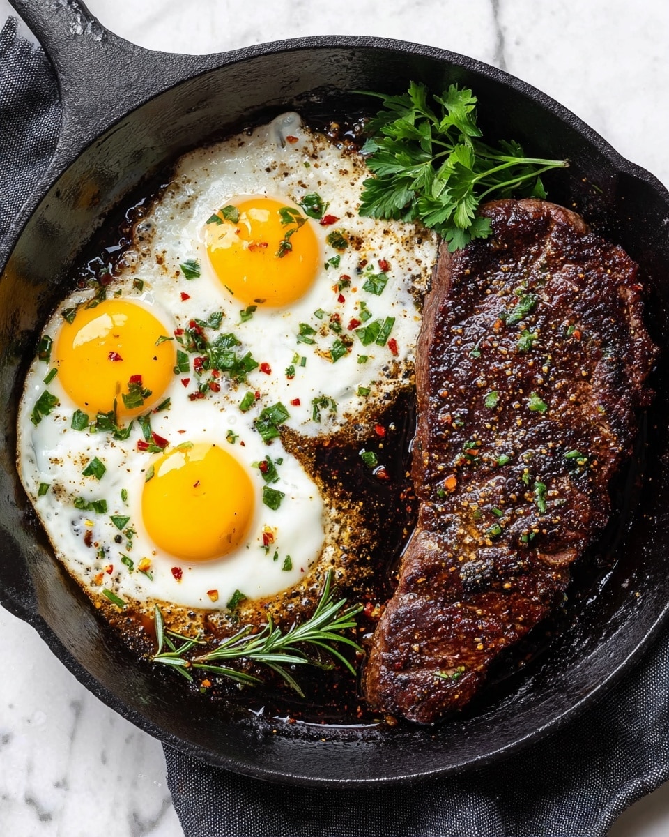A black cast iron pan holds three sunny side up eggs with bright yellow yolks and white, lightly crisped edges on the left side, sprinkled with small green herb pieces and red chili flakes. On the right side of the pan, there is a large, seared steak with a dark brown crust, glistening with juices and seasoned with crushed pepper and green herbs. A few fresh green parsley sprigs and a small rosemary sprig lie between the eggs and steak, resting on a shiny layer of dark cooking oil. The pan is set on a white marbled surface with a dark cloth partially visible beneath it. Photo taken with an iphone --ar 4:5 --v 7