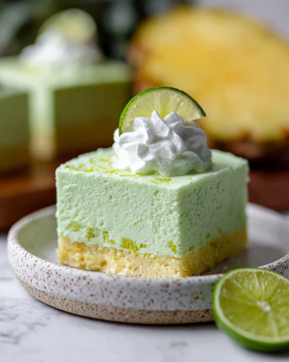 A square slice of light green mousse cake with a smooth texture sits on a white speckled plate, with a small corner piece cut out and lying next to it on a silver fork. On top, there is a dollop of white whipped cream topped with a small wedge of lime. The background features a white marbled surface with blurred additional pieces of similar green cake and some sliced yellow fruit in soft focus. Photo taken with an iphone --ar 4:5 --v 7