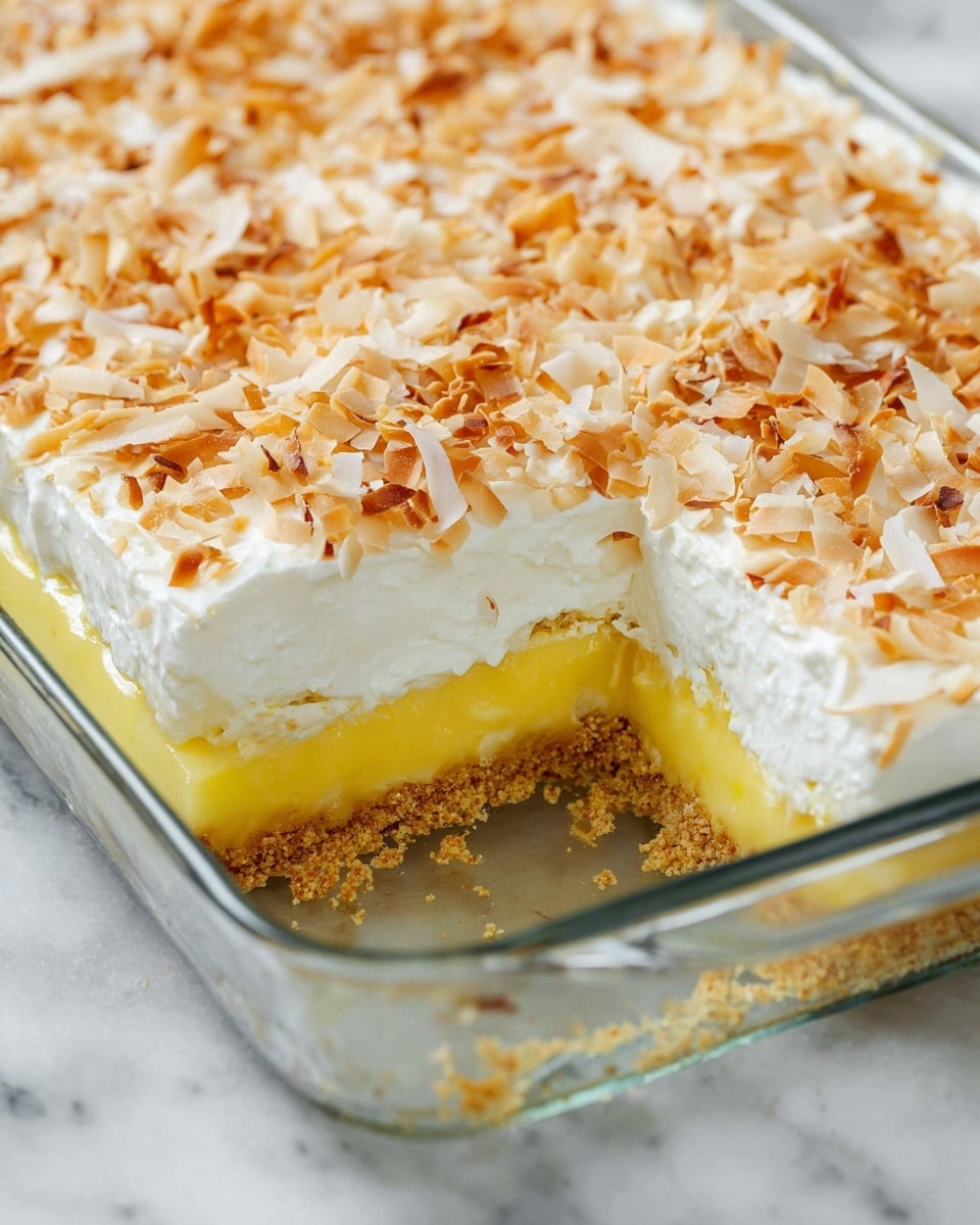 A close-up view of a dessert in a clear rectangular glass dish placed on a white marbled surface, showing three visible layers: a golden brown crumbly crust at the bottom, a smooth yellow custard layer in the middle, and a thick, fluffy white topping covered with scattered toasted coconut flakes on top. One square piece has been removed, revealing the clean edges of each layer inside the dish. The toasted coconut flakes add texture and a light brown shade contrasting with the white topping. Photo taken with an iphone --ar 4:5 --v 7