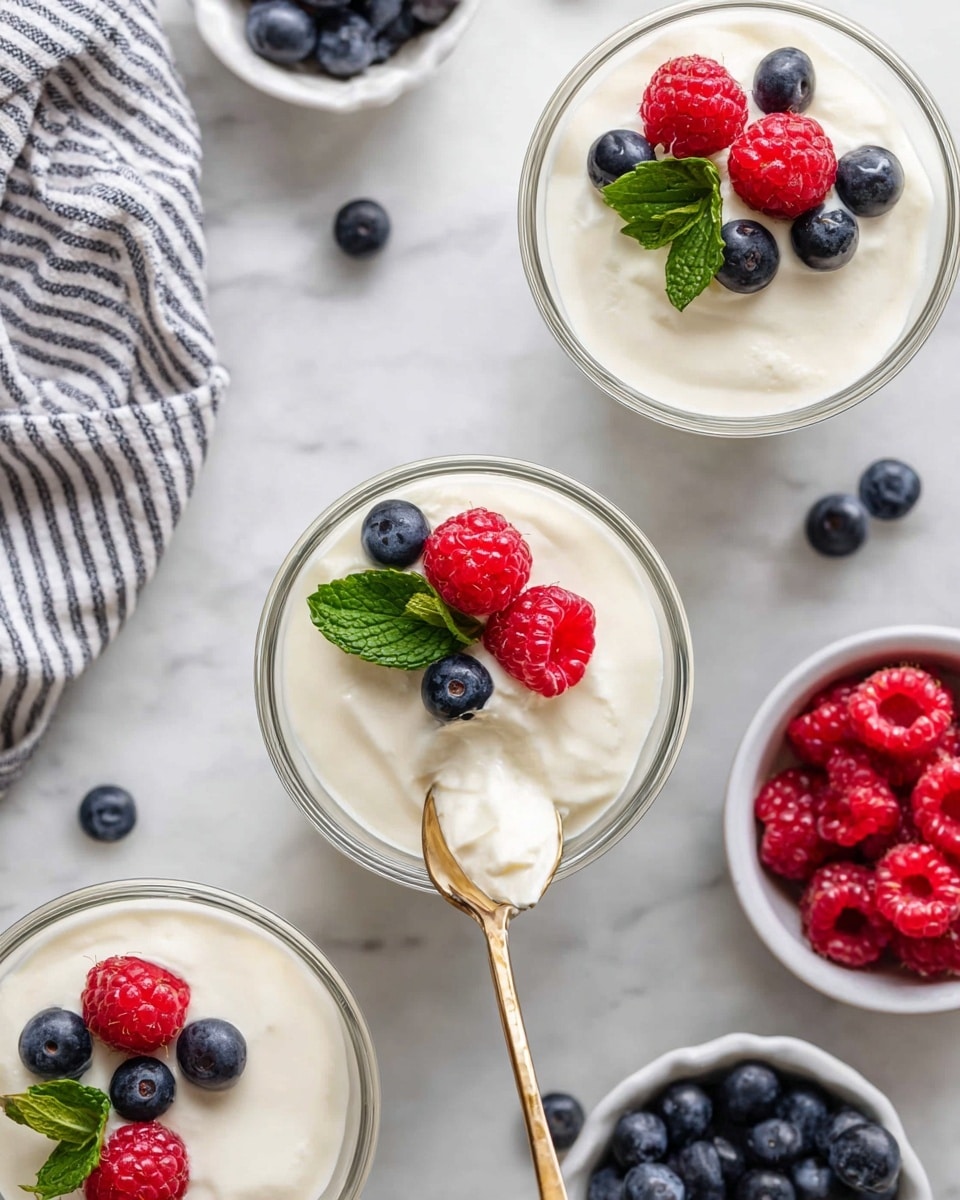 Three clear glasses each have one layer of smooth white panna cotta filling most of the inside, topped with fresh red raspberries, dark blue blueberries, and a small green mint leaf. The glasses sit on a white marbled surface with two golden spoons shaped like flowers nearby and small white bowls filled with raspberries and blueberries in the background. A striped cloth with green mint leaves is placed beside one glass, adding a fresh touch. The overall look is clean, fresh, and bright. photo taken with an iphone --ar 4:5 --v 7