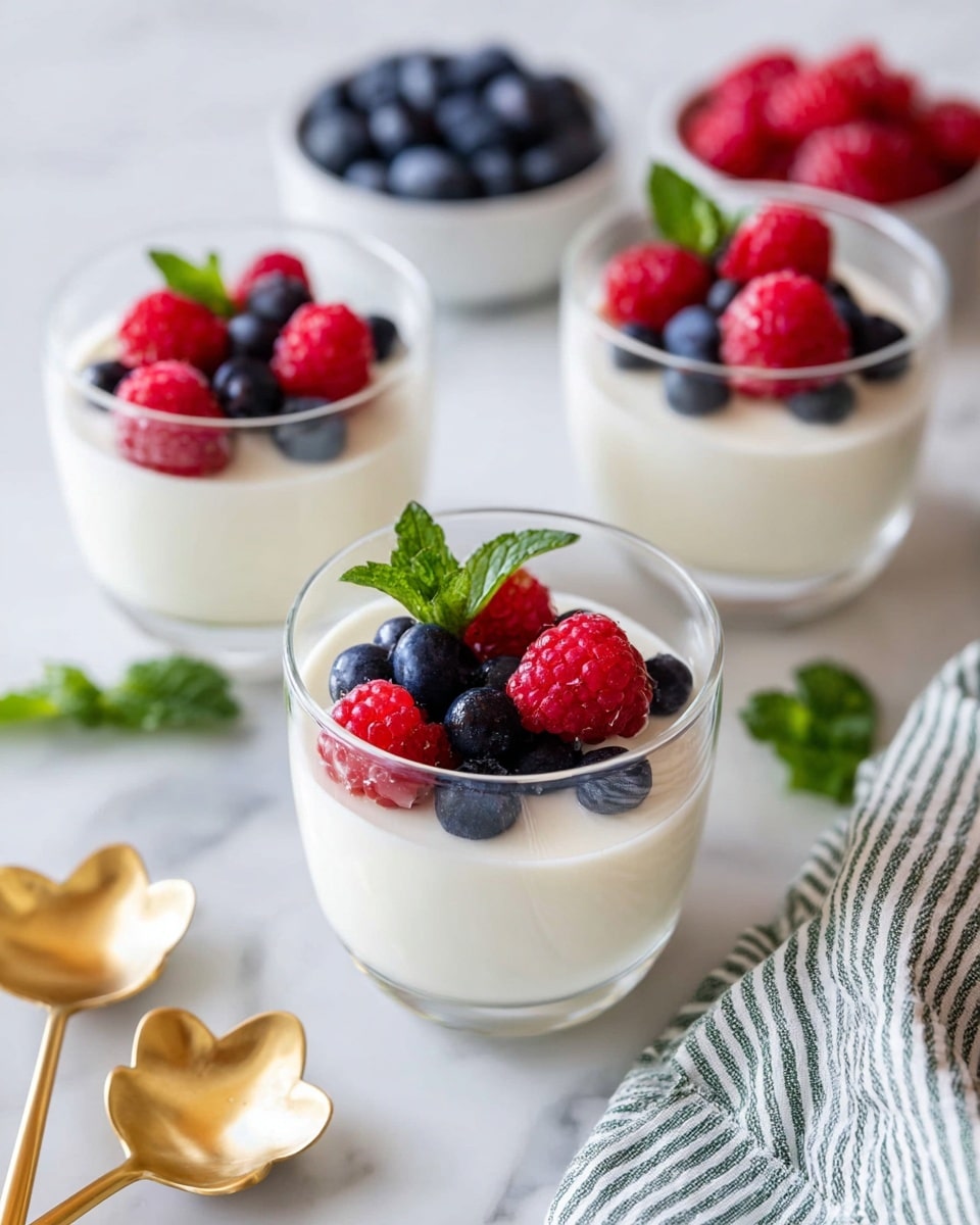 Three clear glass cups each hold a smooth white yogurt layer topped with three red raspberries, three dark blue blueberries, and a small green mint leaf arranged neatly on top. One cup in the center has a golden spoon scooping into the yogurt, showing a soft, creamy texture inside. Around the cups are small white bowls filled with raspberries and blueberries, placed on a white marbled surface with a striped cloth near the top left. The image has a clean and fresh look with vibrant fruit colors against the plain yogurt and white background. photo taken with an iphone --ar 4:5 --v 7