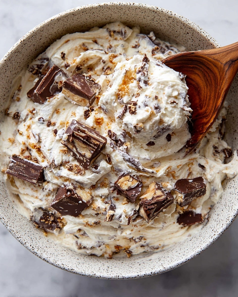 A large white speckled bowl is filled with a creamy white mixture that has a thick and fluffy texture. Mixed into this creamy base are many broken pieces of chocolate-covered candy bars, which add dark brown and light tan speckled colors throughout. The candy pieces are uneven in size, some larger chunks and some small crumbs, creating a rough texture on top. The mixture looks soft and slightly lumpy with a marbled effect of white cream and scattered candy bits. A wooden spoon with rich brown swirls is partially submerged in the bowl, lifting a scoop of the creamy candy-filled mixture. The bowl is placed on a white marbled surface. photo taken with an iphone --ar 4:5 --v 7