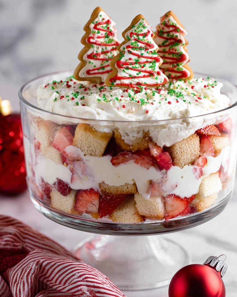 A clear glass bowl shows a mix of creamy white whipped topping, bright red sliced strawberries, and soft yellow cake chunks all combined. The strawberries look juicy and fresh, some placed around the edge of the bowl with visible seeds and green bits on the tops. The creamy layer is thick and fluffy, covering the cake and fruit unevenly, making the texture look smooth and soft. A metal spoon is partially buried in the mix, with the handle resting on the side of the bowl. The background is a white marbled texture with a red and white striped cloth partially visible under the bowl. Photo taken with an iphone --ar 4:5 --v 7