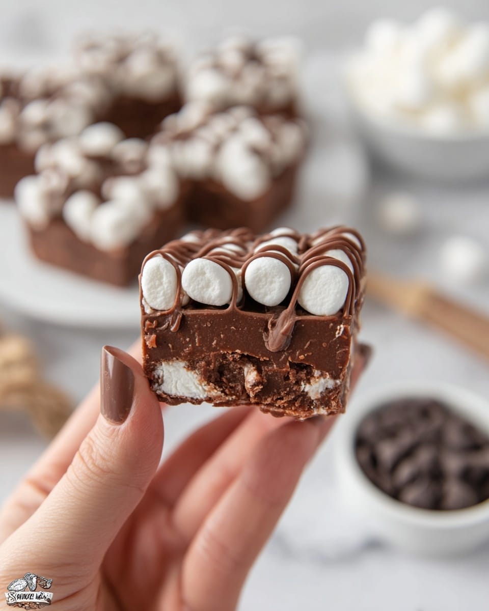 A close-up image shows a three-layered chocolate fudge square held between a woman's thumb and finger. The bottom layer is thick and dark brown with a dense, slightly crumbly texture. The middle layer contains small white marshmallows embedded inside the chocolate base. The top layer has whole white mini marshmallows lined up across the fudge, with a smooth drizzle of darker chocolate wave-patterned over them. In the blurred background, there is a white plate piled with similar fudge squares, a white bowl filled with mini marshmallows, and another white bowl with dark chocolate chips. The scene is set on a white marbled surface. Photo taken with an iphone --ar 4:5 --v 7