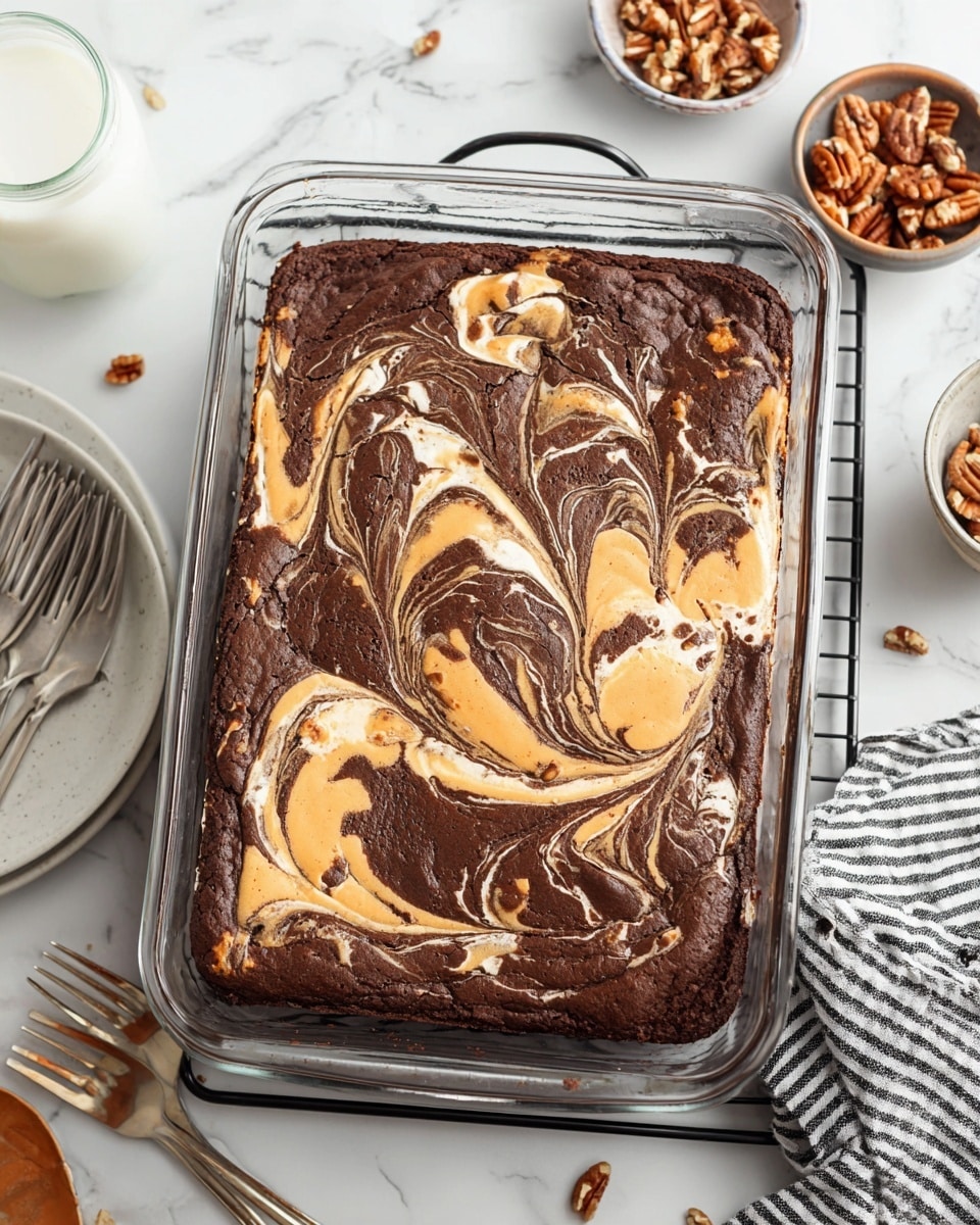 A rectangular glass baking dish holds a baked dessert with two visible layers; the bottom and top are rich dark brown chocolate cake with a soft texture, while the top layer is swirled with creamy light tan and white, creating a marbled effect across the surface. The swirls vary in size and shape, mixing smoothly with the chocolate layer beneath. The dish sits on a black wire cooling rack on a white marbled surface. Around the dish, there is a glass of milk, a white plate with three old silver forks, a small bowl with pecans, and a black-and-white striped cloth. photo taken with an iphone --ar 4:5 --v 7