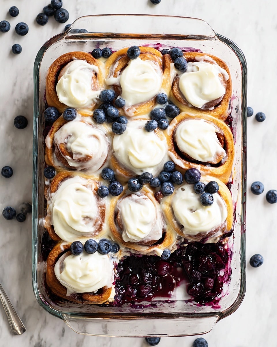 A glass baking dish filled with a layer of dark purple blueberry compote at the bottom, showing a chunky, juicy texture with whole blueberries visible. On top, there are twelve cinnamon rolls arranged in a grid, each roll golden brown with spirals of cinnamon inside and covered generously with creamy white frosting that has a smooth, slightly glossy texture. Scattered fresh blueberries, deep blue and plump, rest atop the frosting, adding a fresh contrast to the warm tones of the rolls. The dish is placed on a white marbled surface with a few fresh blueberries scattered around it. Photo taken with an iphone --ar 4:5 --v 7