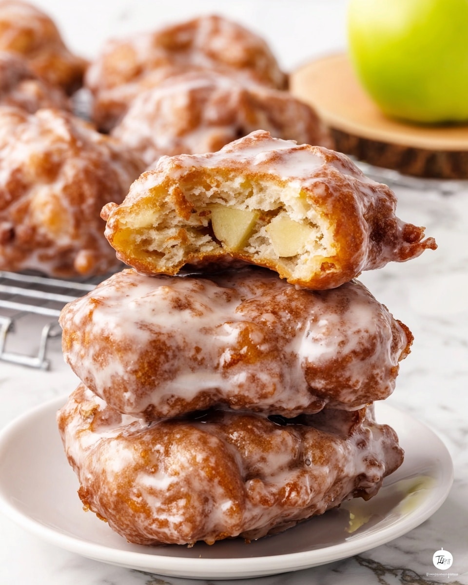 The image shows a stack of four glazed apple fritters on a white plate placed on a white marbled surface. The fritters have a golden brown color with a shiny, slightly uneven white glaze coating all over. The fritter on top is bitten in half, revealing a soft, light beige inside with visible chunks of apple pieces embedded in the dough. In the background, more fritters rest on a cooling rack, also glazed and golden, and there is a green apple partially visible on a small wooden round board. The overall texture of the fritters is bumpy and thick, with a slightly rough look from the glaze and dough. Photo taken with an iphone --ar 4:5 --v 7
