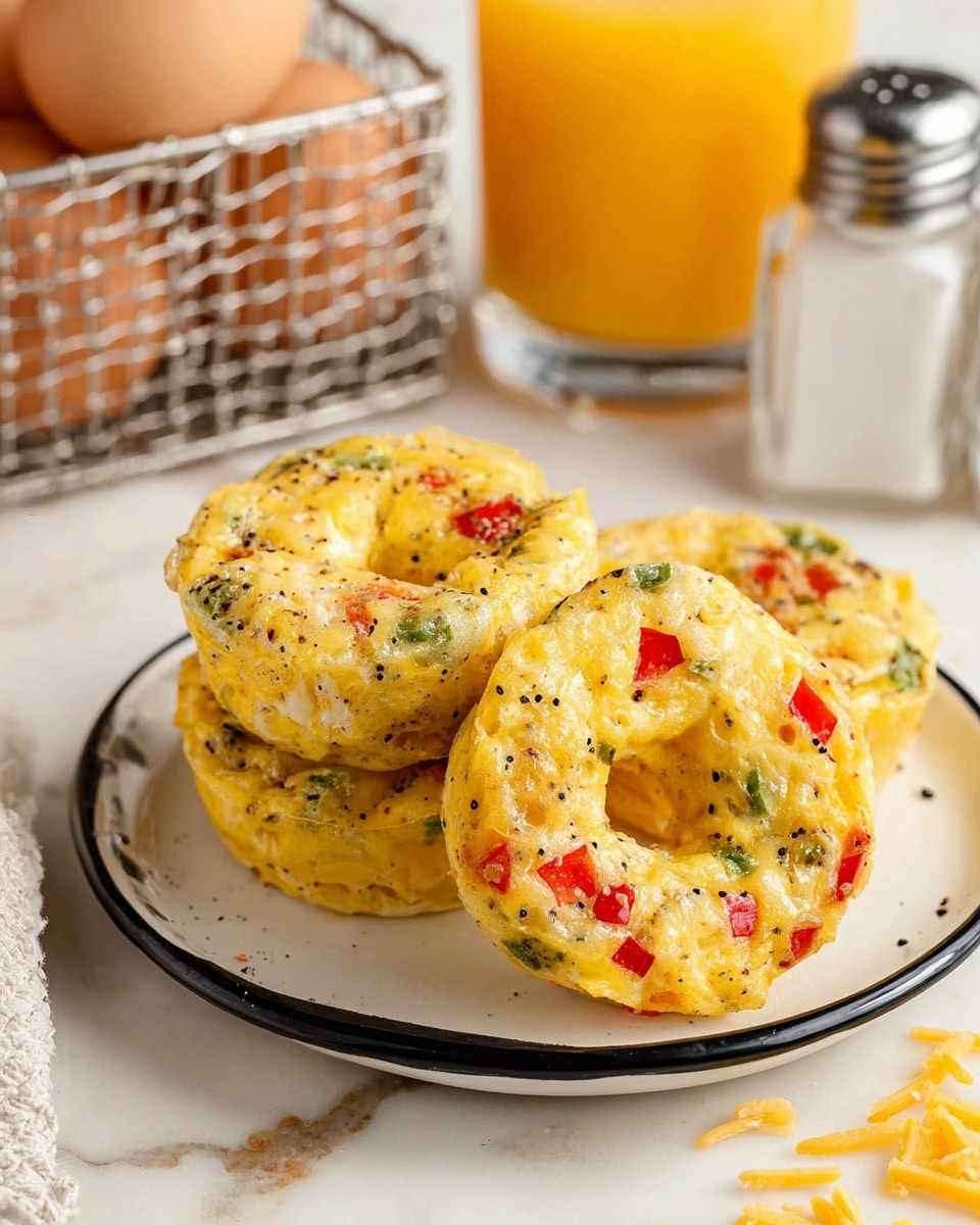 Three round egg muffins with a hole in the middle sit stacked on a white plate with a black rim. The muffins have a bright yellow color with visible chunks of red bell pepper, green bell pepper, and white onion mixed inside. The texture looks soft and slightly fluffy with a speckling of black pepper on top. A few small pieces of shredded cheese are scattered lightly around the plate. In the background, there is a metal wire basket filled with light brown eggs, a glass of orange juice, and salt and pepper shakers on a white marbled surface. photo taken with an iphone --ar 4:5 --v 7