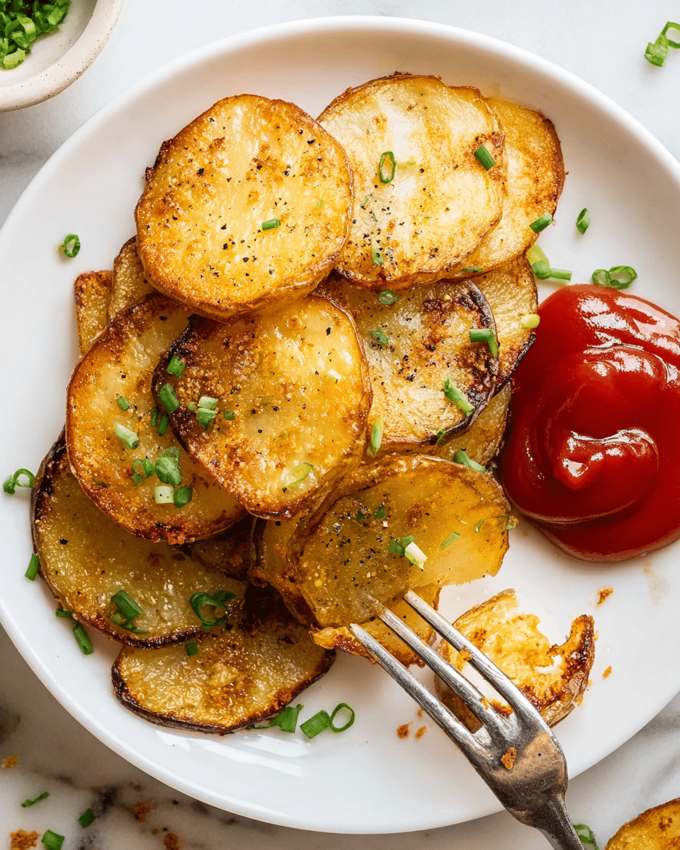 A white plate holds a stack of about eight fried potato slices, each golden brown with slightly darker, crispy edges and scattered small black pepper bits. The potatoes are stacked with some overlapping, showing a mix of smooth and crispy textures. Bright green chopped chives are sprinkled on top and around the plate. To the right side of the plate, a small pool of thick, glossy red ketchup sits next to the potatoes. A silver fork is placed at the bottom right, prongs resting on the edge of one potato slice coated partly in ketchup. The plate is set on a white marbled surface with tiny bits of chives scattered around. photo taken with an iphone --ar 4:5 --v 7