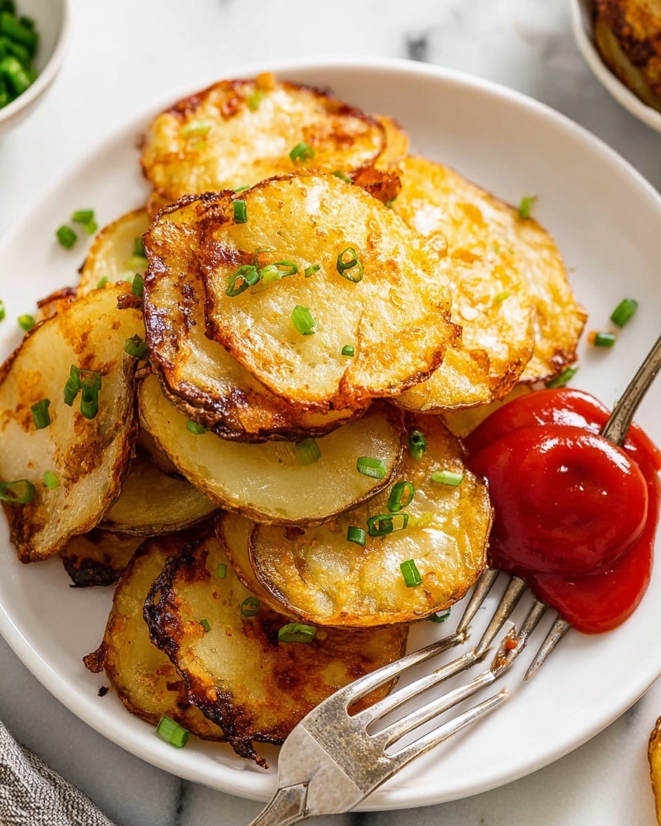 A white plate holds a stack of roughly eight golden-brown fried potato slices, each slice thin with crispy, slightly darkened edges. The potatoes are sprinkled with small green pieces of chopped chives. On the right side of the plate, a small puddle of bright red ketchup adds a contrasting color and a silver fork dips one potato slice into the ketchup. The plate sits on a white marbled surface with a few chives scattered around. Photo taken with an iphone --ar 4:5 --v 7