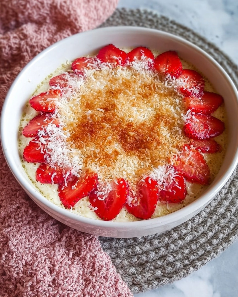 A white bowl filled with a dessert that has three visible layers: the bottom layer is creamy and light colored, topped with a circle of fresh red strawberry slices arranged neatly around the edge. The strawberries are covered with a layer of white, finely shredded coconut or similar texture. On the top is a golden-brown toasted layer that looks crispy and slightly uneven, covering the center fully but allowing the strawberry edges to show. The bowl sits on a gray woven mat with a soft pink textured cloth nearby on a white marbled surface. Photo taken with an iphone --ar 4:5 --v 7
