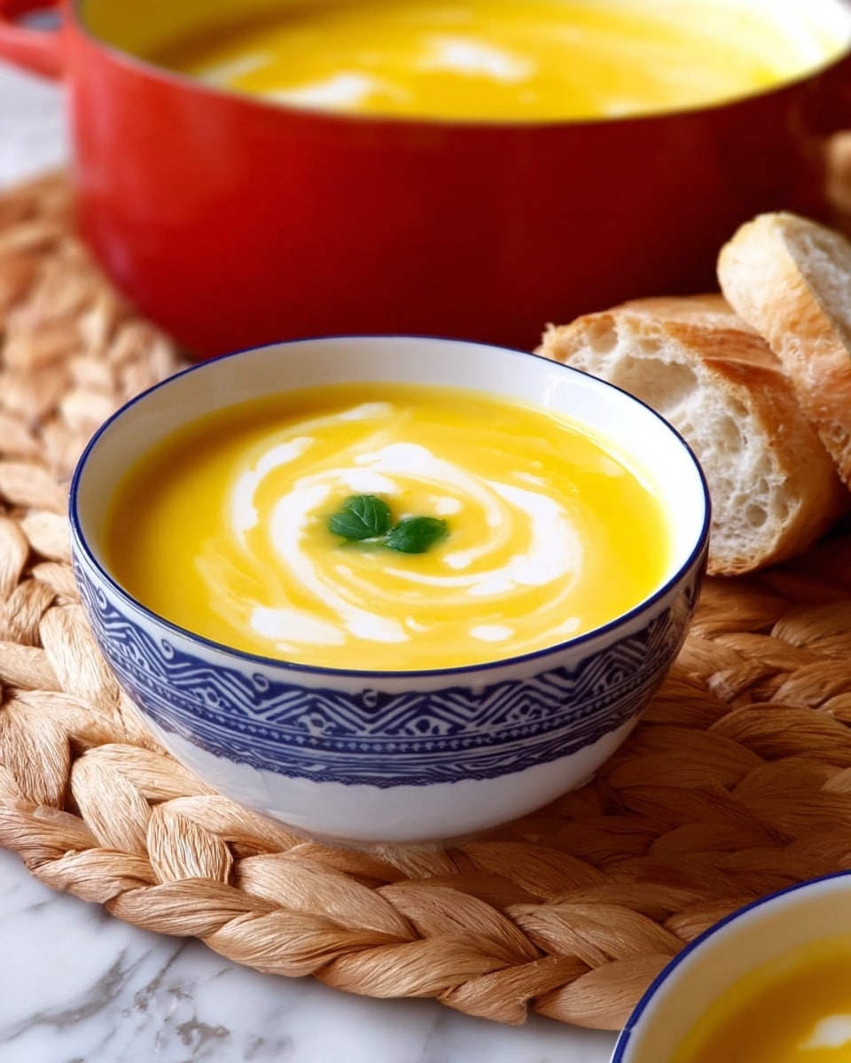 A small white bowl with blue lines on the outside is filled with smooth, creamy yellow soup that has swirls of white cream mixed on top. In the center of the soup is a small dollop of white cream with a single green leaf garnish resting on it. Behind the bowl is a bigger red container filled with the same yellow soup, and to the right, there are pieces of light brown bread with a soft texture. The whole setup sits on a woven natural-colored mat over a white marbled surface. photo taken with an iphone --ar 4:5 --v 7