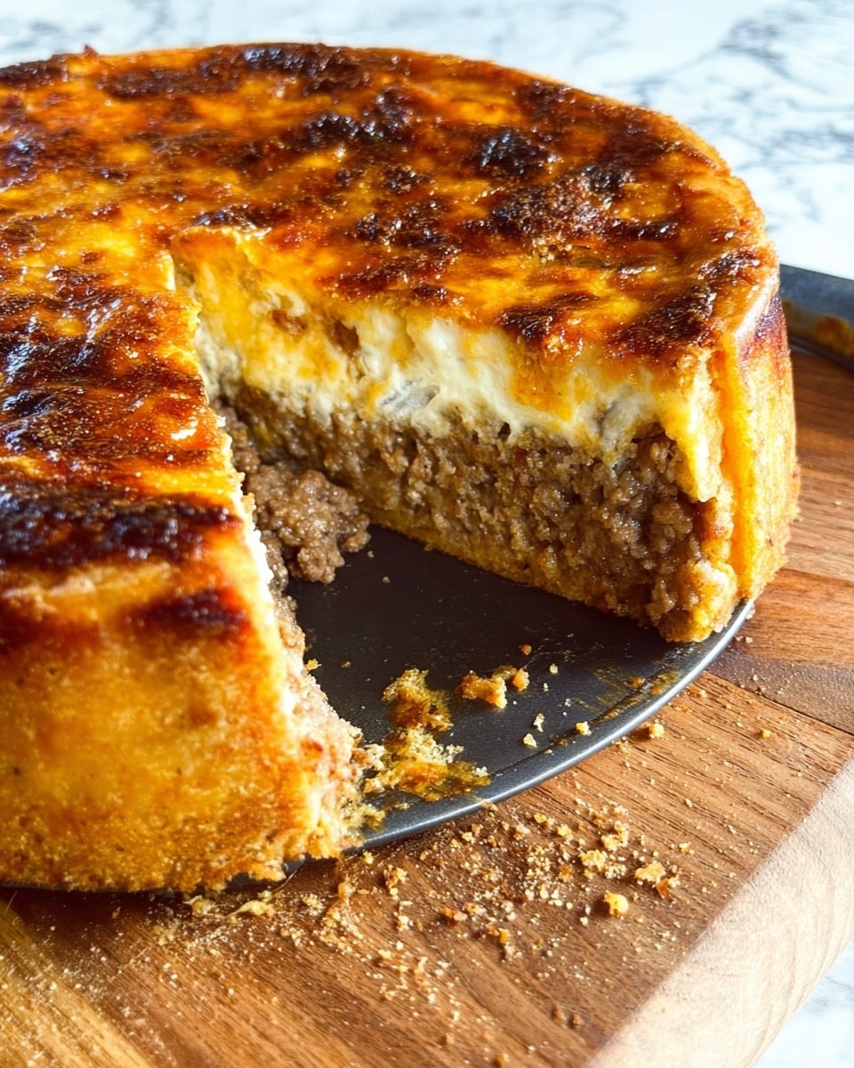 A close-up of a thick round baked pie with a golden-brown crust and a slightly darker edge, showing a missing wedge revealing three clear layers: a crumbly light brown bottom crust, a thick middle filling of cooked ground meat with a grainy texture, and a top layer of melted, browned cheese with a slightly bubbly surface. The pie is on a dark round pan, placed on a wooden cutting board with scattered crumbs around the base. The background is a white marbled surface. photo taken with an iphone --ar 4:5 --v 7