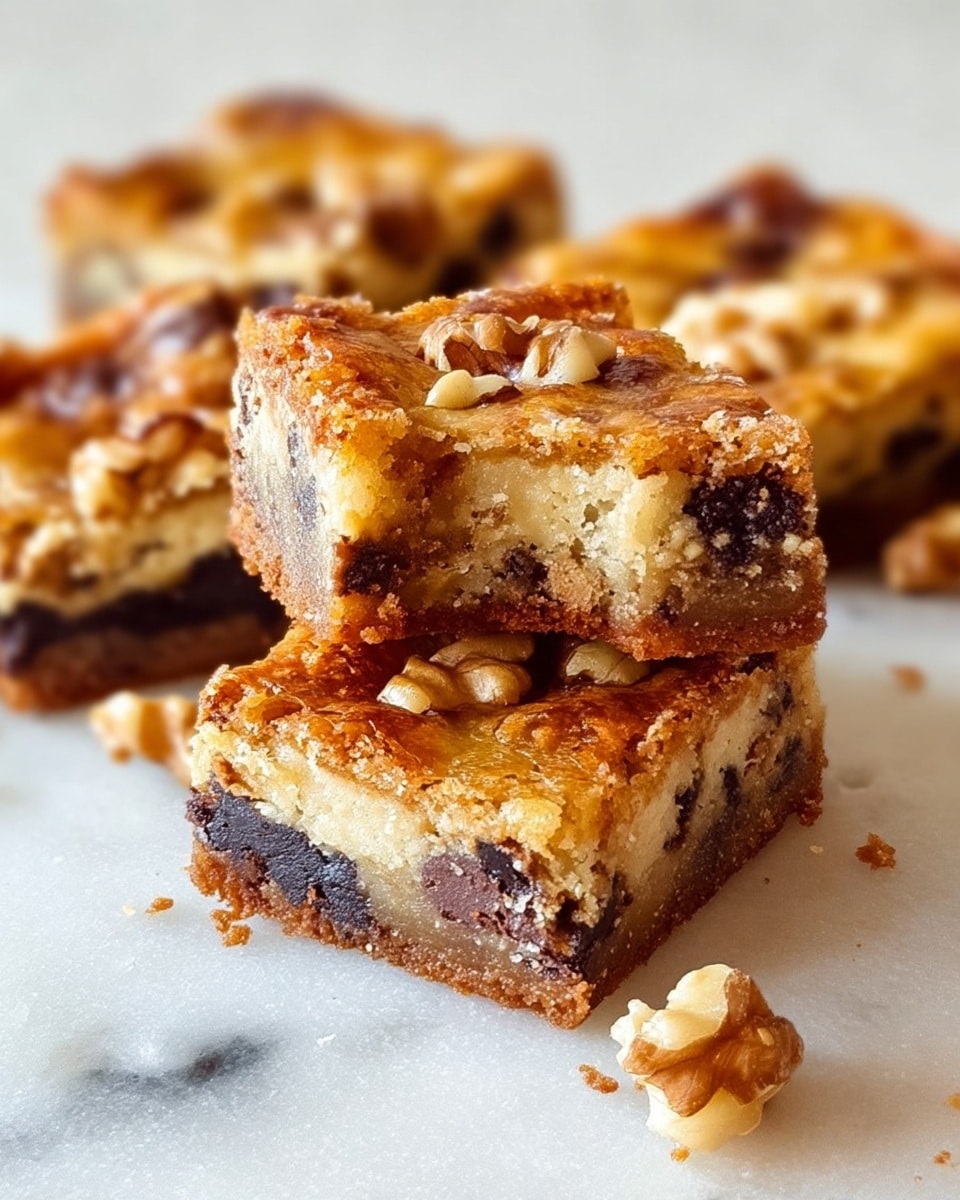 The image shows four square blondie bars on a white marbled surface, one with a bite taken out revealing three visible layers: a bottom dark chocolate chip layer, a thick creamy beige middle layer with small chocolate bits, and a golden, slightly crunchy top layer with walnut pieces. The blondies look moist and soft with a caramelized, textured crust on top, and a small crumb is visible in front. Photo taken with an iphone --ar 4:5 --v 7