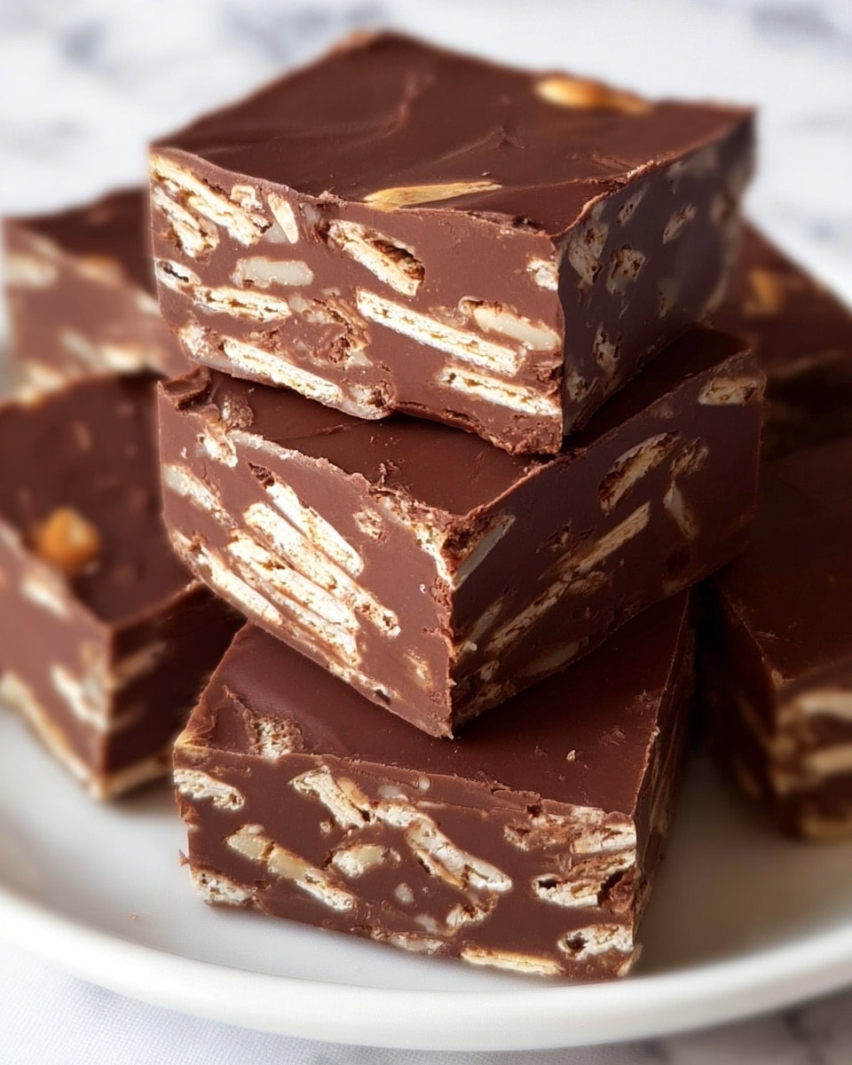 The image shows a close-up of five chocolate fudge squares stacked on a white plate, placed on a white marbled surface. Each square is thick with a smooth, shiny dark brown chocolate top layer. Inside, there are many thin, light tan biscuit pieces embedded throughout the chocolate layer, creating a textured, slightly chunky look. The chocolate has neat, clean edges around each square, emphasizing the contrast between the glossy top and the biscuit pieces inside. Photo taken with an iphone --ar 4:5 --v 7