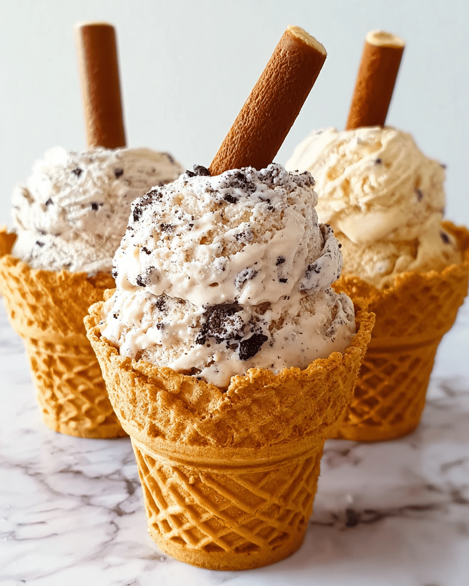 The image shows three waffle cones filled with creamy ice cream on a white marbled surface. The cone in the front has a thick layer of cookies and cream ice cream, light beige with dark cookie bits, topped with a long, thin brown wafer stick placed upright in the center. The two cones in the background have lighter colored ice creams, appearing to be vanilla or a similar flavor, each also topped with the same kind of brown wafer stick. The waffle cones have a detailed crisscross pattern and a golden brown color, and the whole scene is bright and clear. Photo taken with an iphone --ar 4:5 --v 7