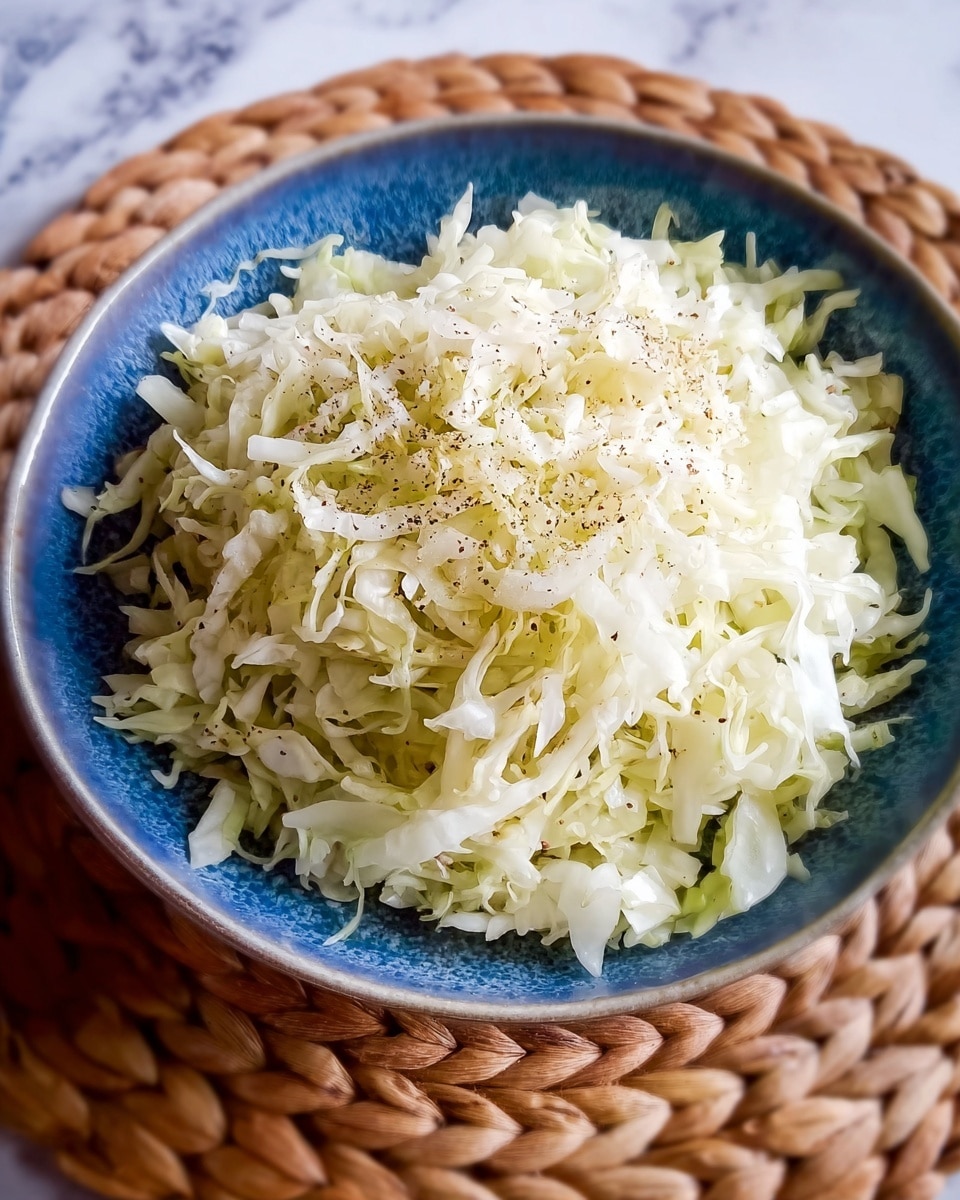A close-up of a blue ceramic bowl filled with finely shredded white cabbage sprinkled with black pepper, placed on a woven round mat on a white marbled surface. The cabbage shreds are piled high in the bowl, showing a soft, slightly wet texture with thin, long strands and light green hints. The bowl's blue color contrasts with the pale cabbage, and the background gives a natural, clean look. Photo taken with an iphone --ar 4:5 --v 7