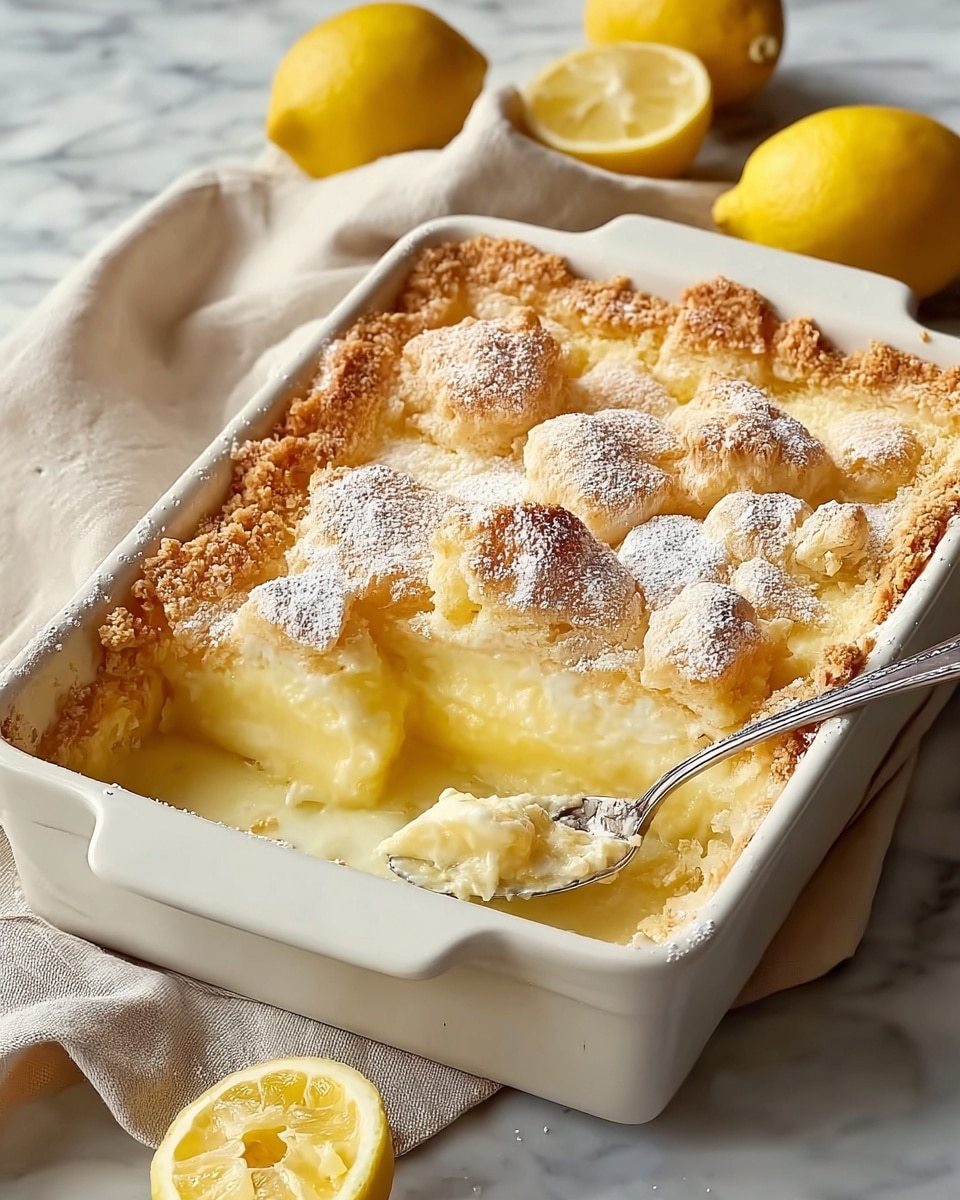 A white rectangular baking dish holds a lemon custard pie with a crumbly golden crust pressed along the edges and bottom. The creamy pale yellow lemon filling fills the middle layer and is topped with uneven, golden, baked dough pieces that look soft and flaky. Powdered sugar is lightly dusted over the top, adding a soft white layer. A silver spoon rests inside the dish where a slice has been taken out, revealing the smooth creamy interior and crumbly crust. The dish sits on a white marbled surface with whole and halved bright yellow lemons in the background. A beige cloth is casually draped near the dish. Photo taken with an iphone --ar 4:5 --v 7