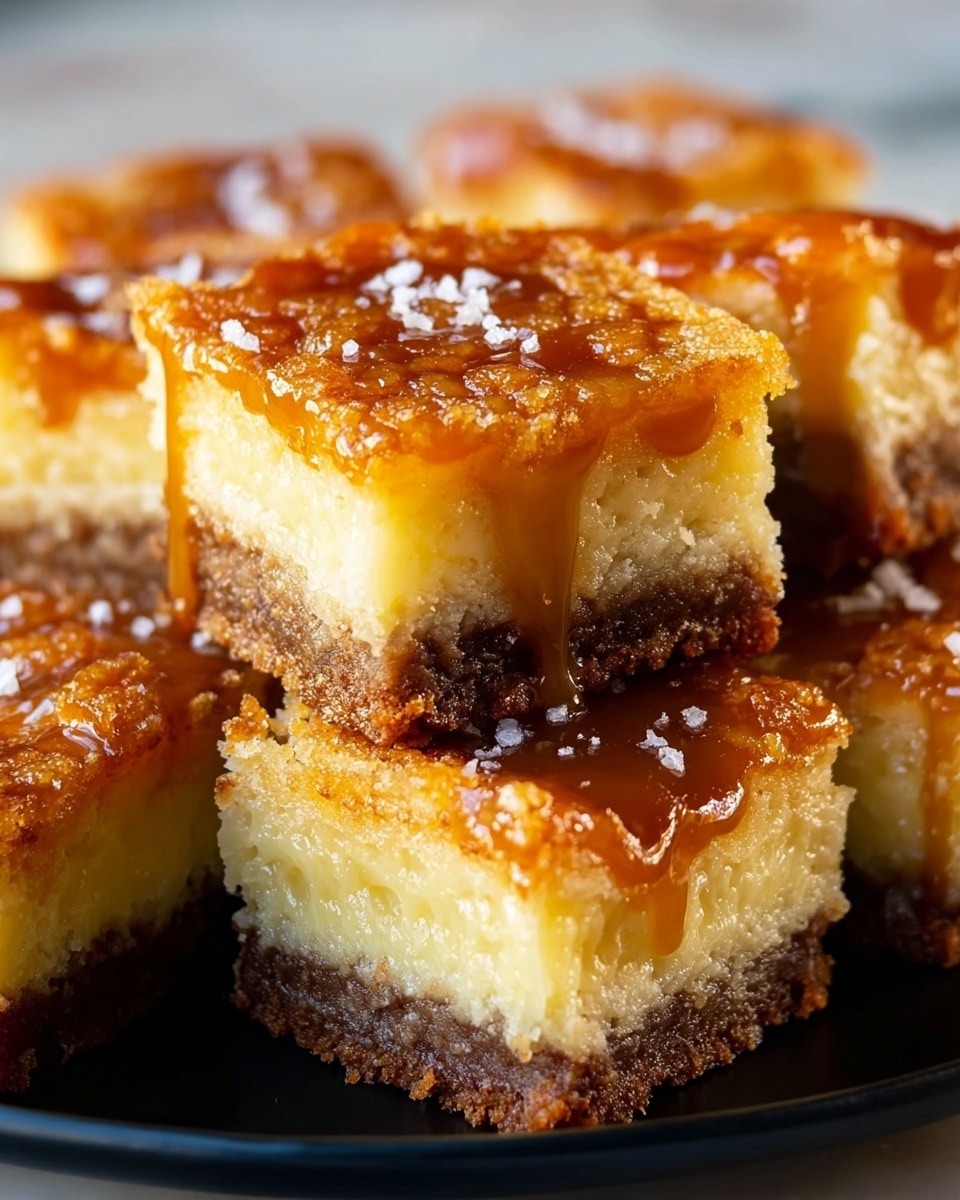 The image shows a close-up of stacked dessert squares with three visible layers. The bottom layer is a dark brown crust that looks slightly crunchy. The middle layer is thick, soft, and light yellow in color, resembling a moist cake or custard. The top layer is golden brown with a bubbly texture, and it is covered with a shiny caramel drizzle that flows down the sides. Small white flakes, likely sea salt, are sprinkled on top, adding texture. The dessert squares are placed closely together on a black plate, all against a white marbled background. photo taken with an iphone --ar 4:5 --v 7