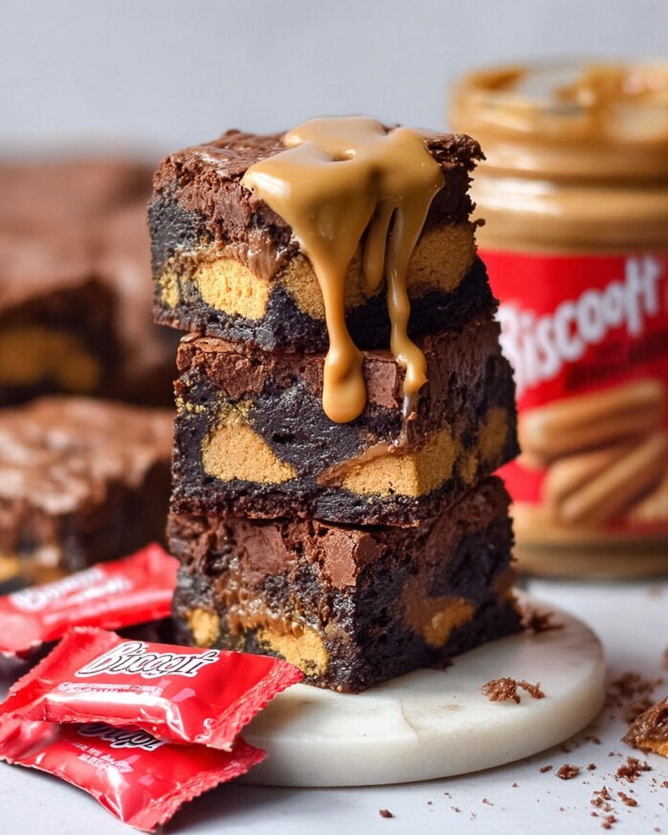 The image shows a tall stack of three thick brownies, each layer filled with crunchy golden-brown cookie pieces inside rich, dark chocolate. The top brownie is dripping with a smooth, light caramel-colored sauce that cascades down the sides. The stack sits on a round white marbled surface, with more brownies and a jar of Biscoff spread blurred in the background. Two packages of Biscoff cookies lie in front on the same white marbled surface, adding a pop of red and white color. The texture of the brownies looks dense and fudgy, contrasted by the crunchy cookie bits inside. Photo taken with an iphone --ar 4:5 --v 7