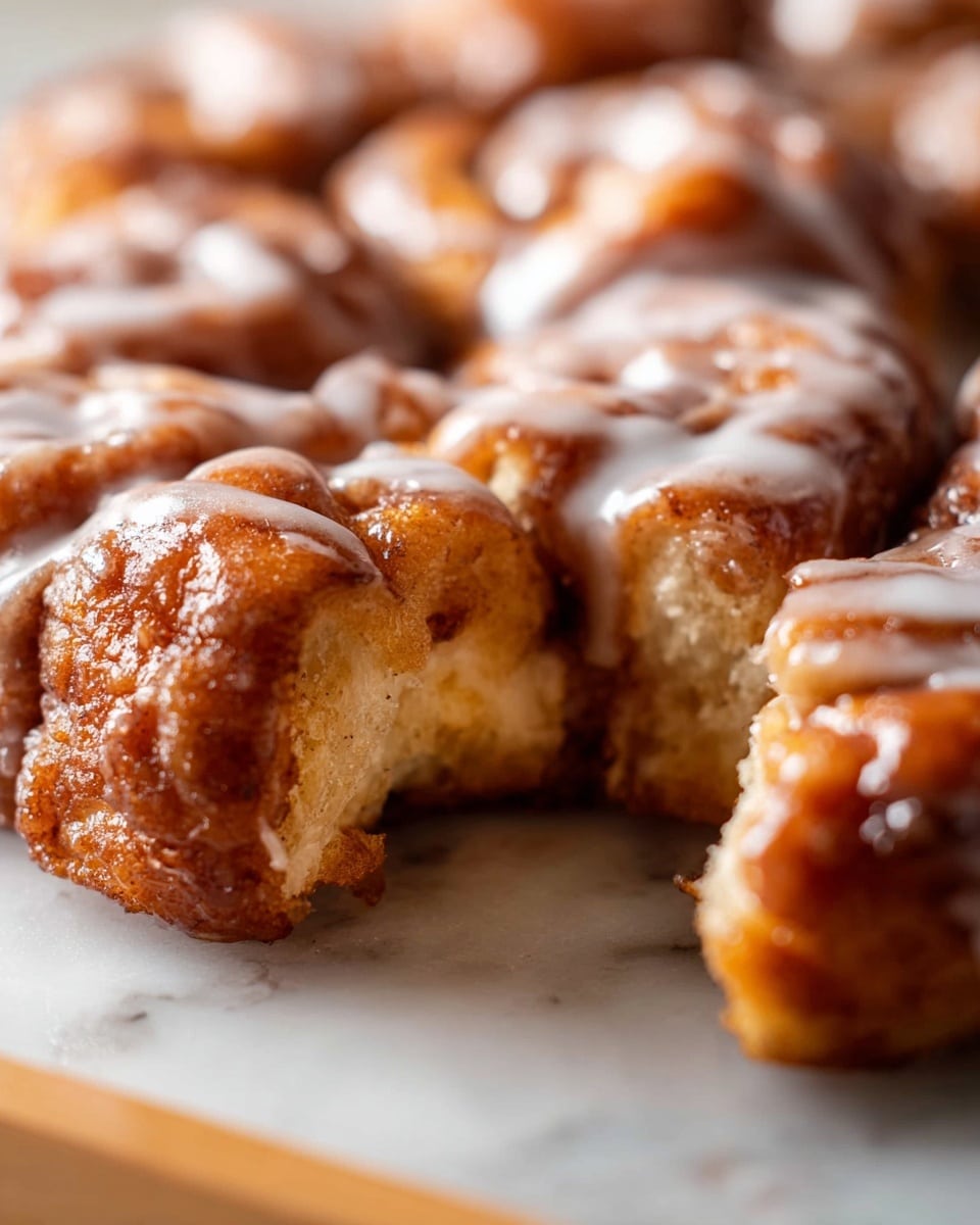 A close-up view of a pull-apart cinnamon roll cluster showing multiple golden brown, fluffy dough pieces layered closely together. Each piece is coated with a shiny, sticky cinnamon sugar glaze that gives a rich brown color and textured appearance. A smooth, creamy white icing is drizzled unevenly over the top, adding a glossy contrast. One piece has been pulled away, revealing the soft, airy inside of the dough, with a slightly chewy texture. The cluster sits on a white marbled surface with warm lighting enhancing the golden and brown tones. photo taken with an iphone --ar 4:5 --v 7