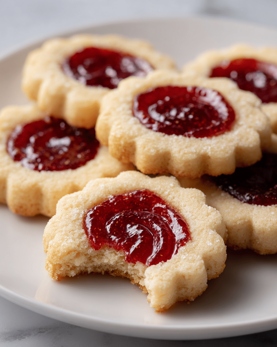 A close-up view of several tart cookies arranged on a white plate, each cookie having one layer of pale golden crust with soft edges forming a scalloped border. On top of the crust is a thin layer of red jam spread in a spiral pattern starting from the center and moving outward, contrasting with the light color of the crust. The cookie in the front has a bite taken out, showing a crumbly texture inside the crust and some jam slightly spilling into the bite area. The plate rests on a white marbled texture surface. photo taken with an iphone --ar 4:5 --v 7