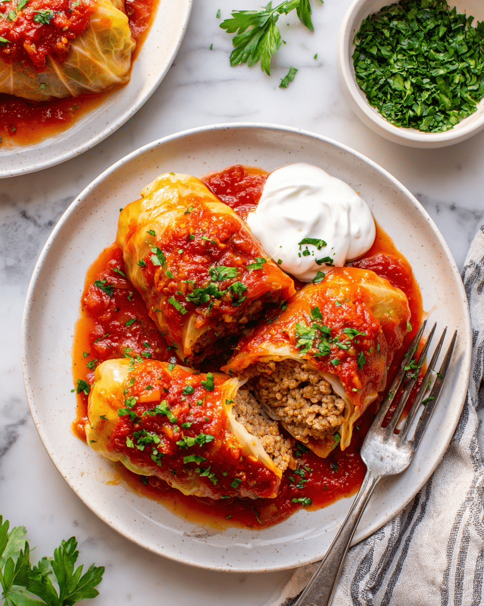 The image shows a white plate with four pieces of stuffed cabbage rolls covered in red tomato sauce and sprinkled with chopped green herbs. One cabbage roll is cut open, revealing a filling made of cooked ground meat and rice with a light brown color. The cabbage leaves are pale yellow with a soft, cooked texture. A dollop of white sour cream is placed to the side of the rolls, next to a sprig of fresh green parsley. A silver fork rests on the plate near the cabbage rolls. In the background, part of another white plate with similar cabbage rolls and a white bowl filled with chopped green herbs can be seen, all on a white marbled surface. photo taken with an iphone --ar 4:5 --v 7