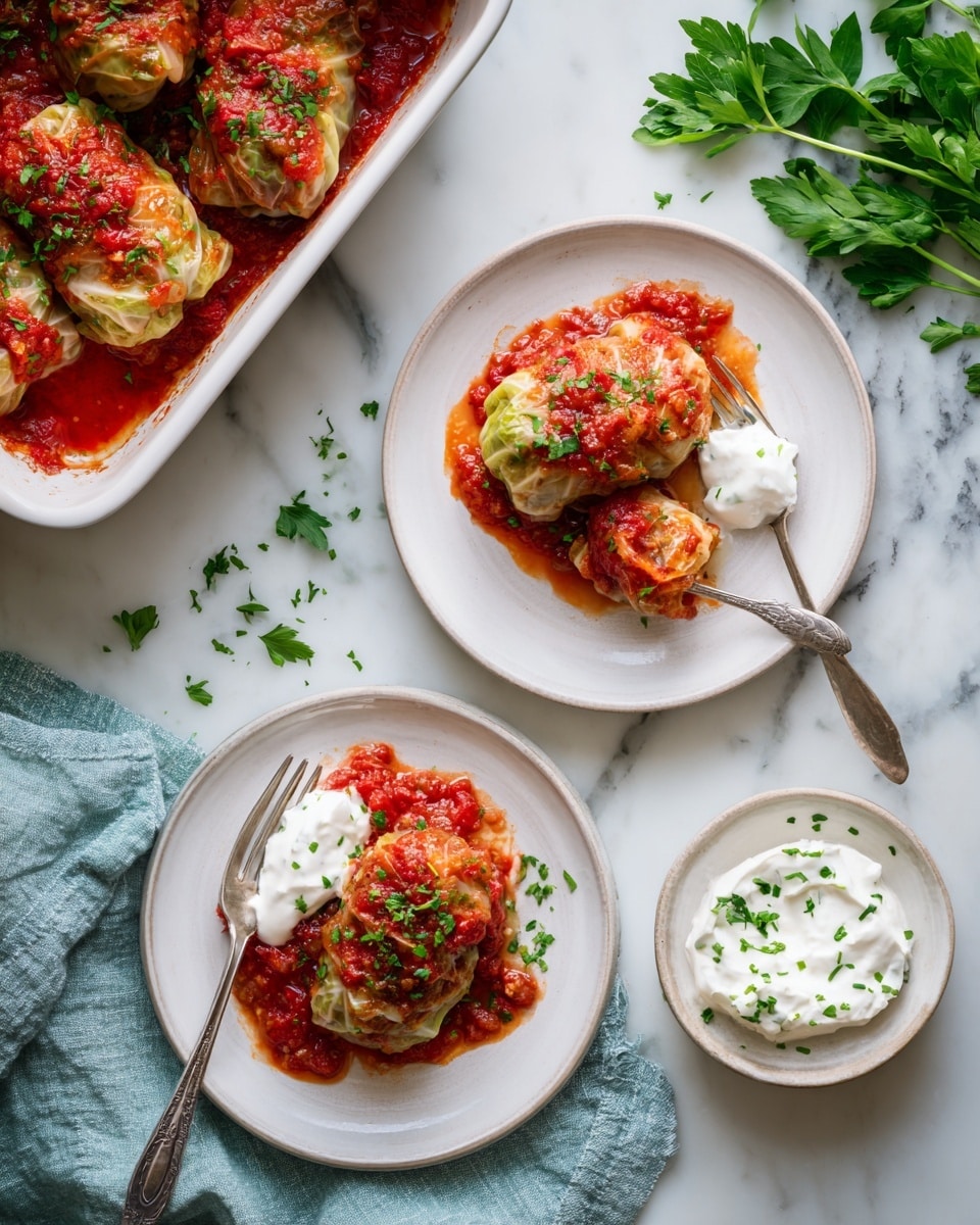 The image shows two white plates each holding two stuffed cabbage rolls covered with red tomato sauce and topped with some green chopped herbs. Each plate has a dollop of white sour cream on the side, and there is a silver fork placed on each plate next to the food. Above the plates, a white baking dish contains more stuffed cabbage rolls in tomato sauce, with a silver spoon lifting one roll from the dish. To the right of the baking dish is a small bowl filled with white sour cream and topped with more chopped green herbs. The background is a white marbled surface scattered with a few green herb pieces and a sprig of fresh parsley, and a soft blue-grey cloth is placed near one plate. photo taken with an iphone --ar 4:5 --v 7